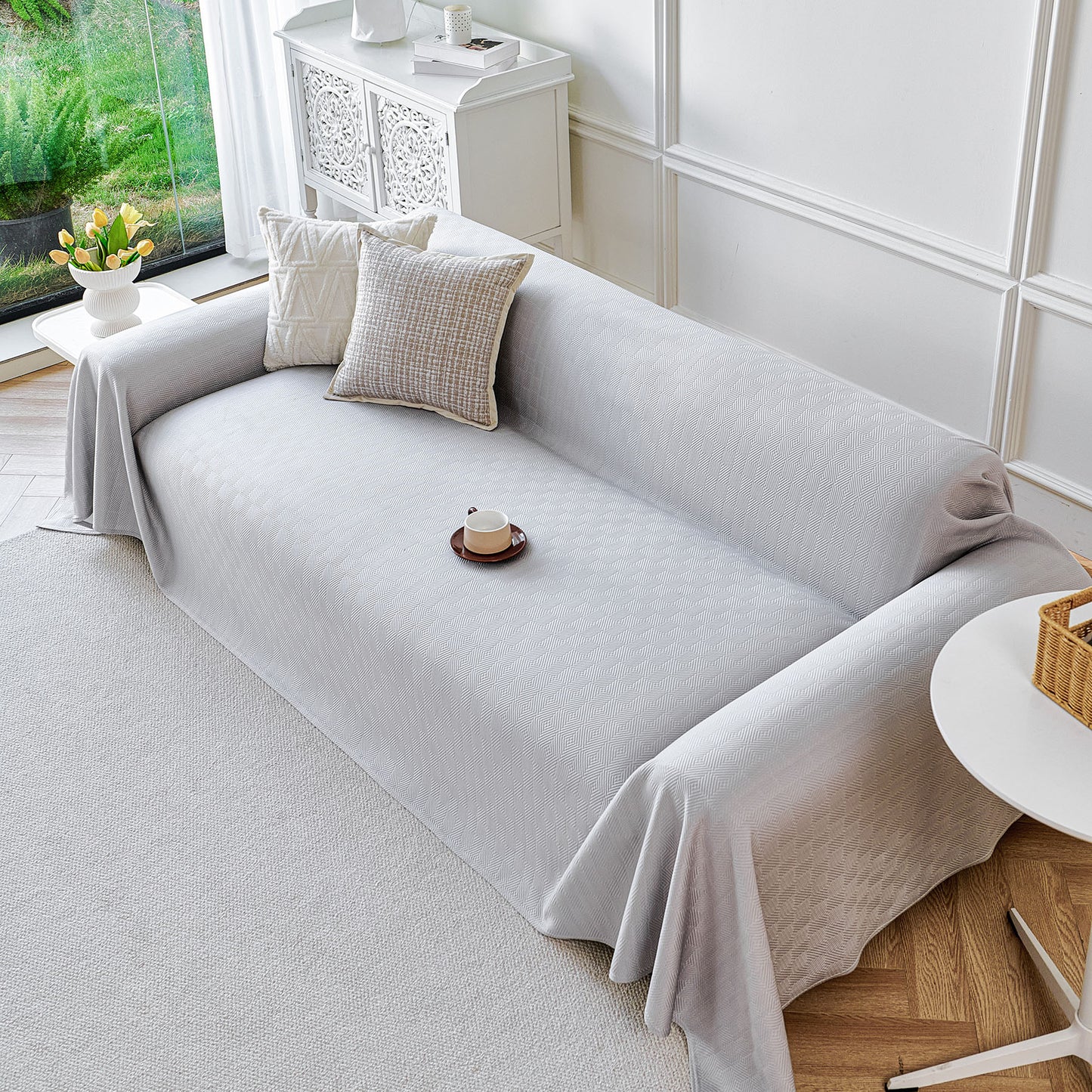 Cooling Ice Silk Soft Sofa Cover Blanket, Woven Geometric Textured Modern Couch Cover