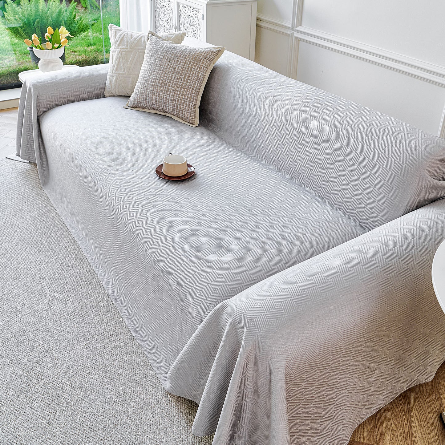 Cooling Ice Silk Soft Sofa Cover Blanket, Woven Geometric Textured Modern Couch Cover
