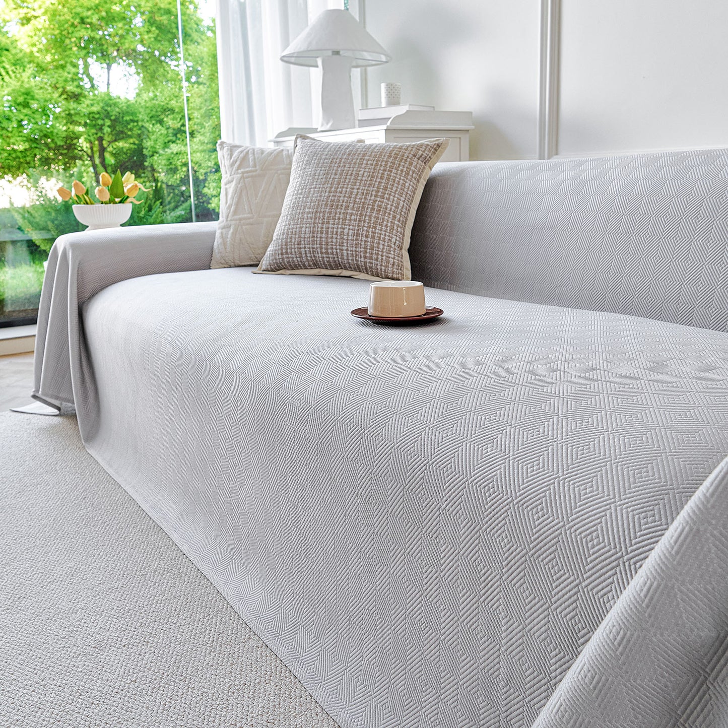 Cooling Ice Silk Soft Sofa Cover Blanket, Woven Geometric Textured Modern Couch Cover