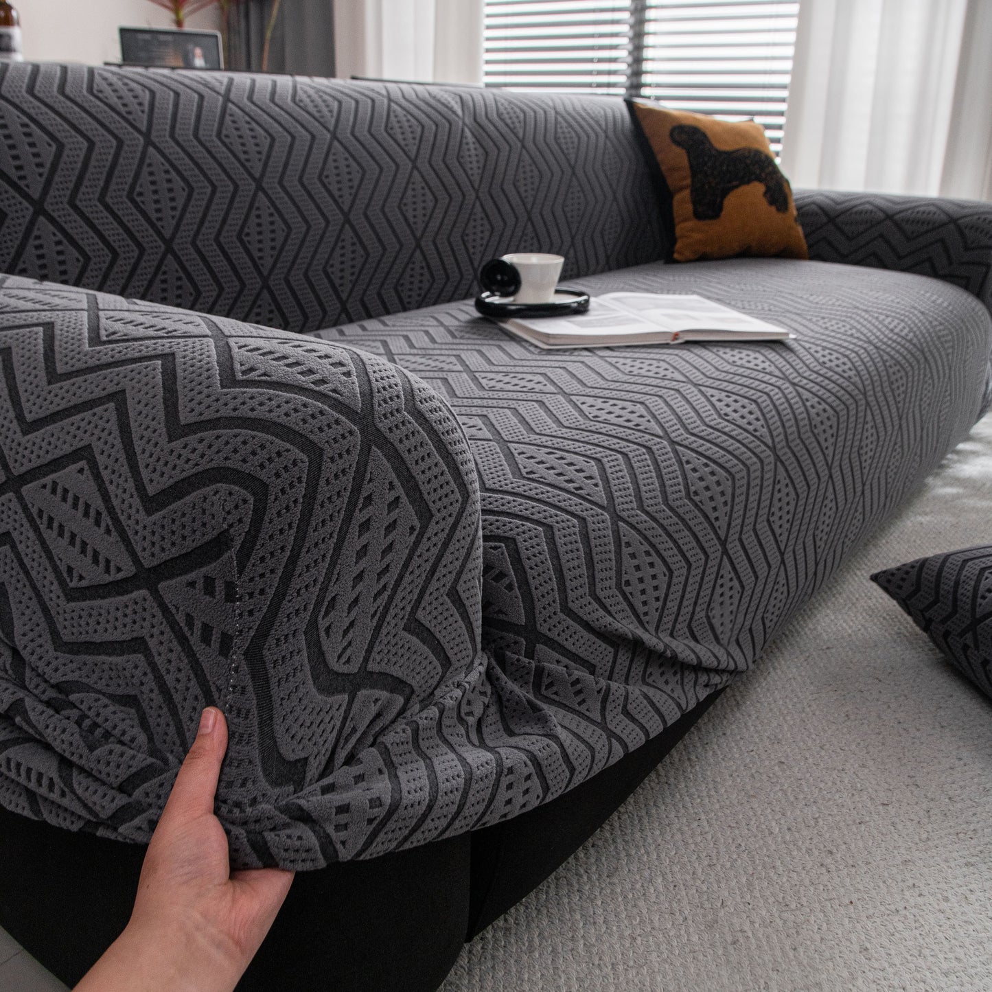 Modern Geometric Jacquard Sofa Slipcover, High Stretch 1-Piece Textured Couch Cover