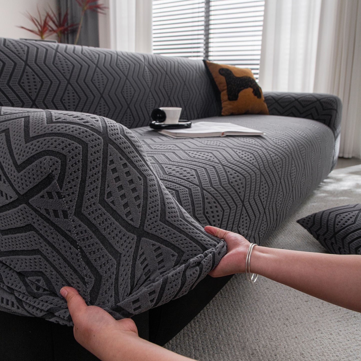 Modern Geometric Jacquard Sofa Slipcover, High Stretch 1-Piece Textured Couch Cover