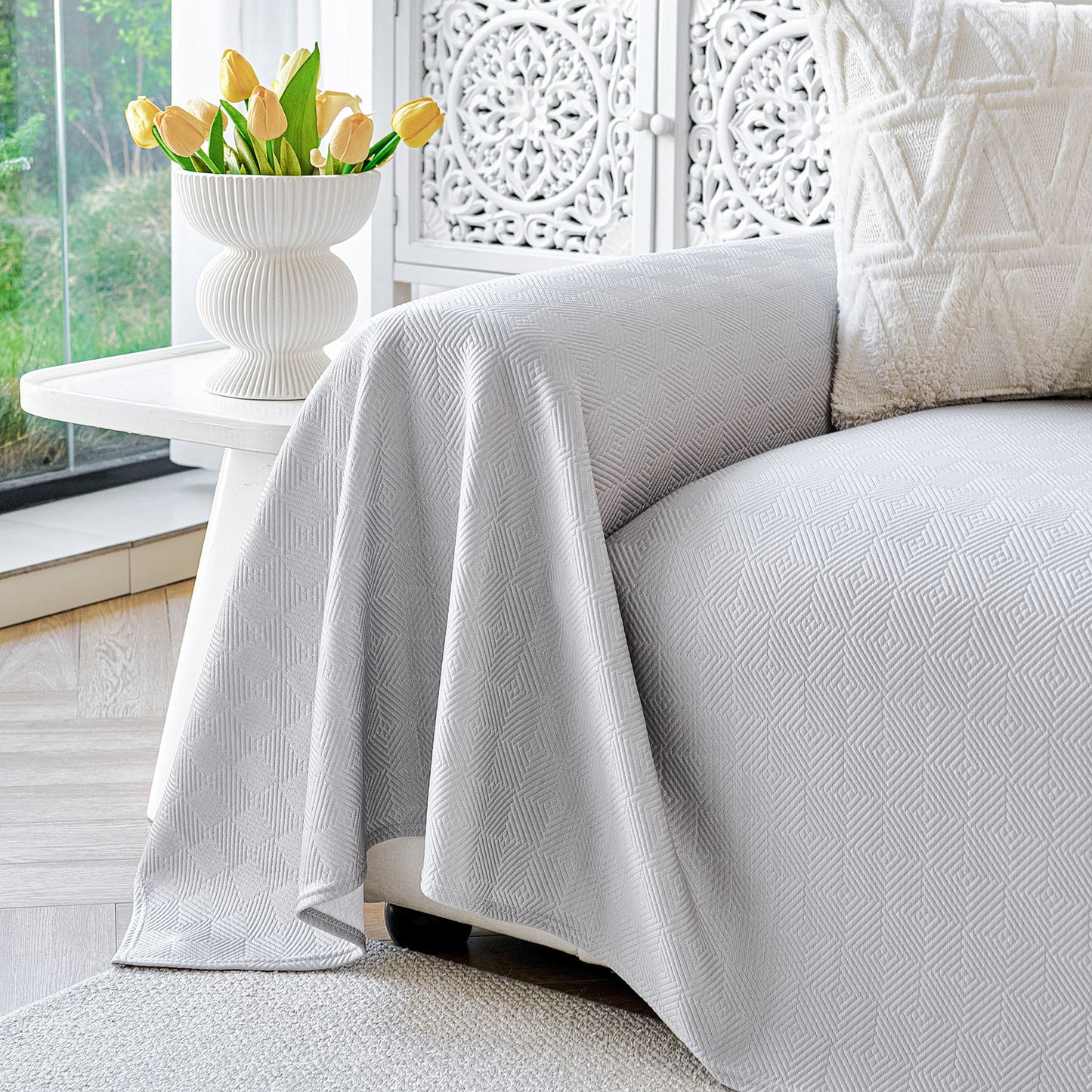 Cooling Ice Silk Soft Sofa Cover Blanket, Woven Geometric Textured Modern Couch Cover
