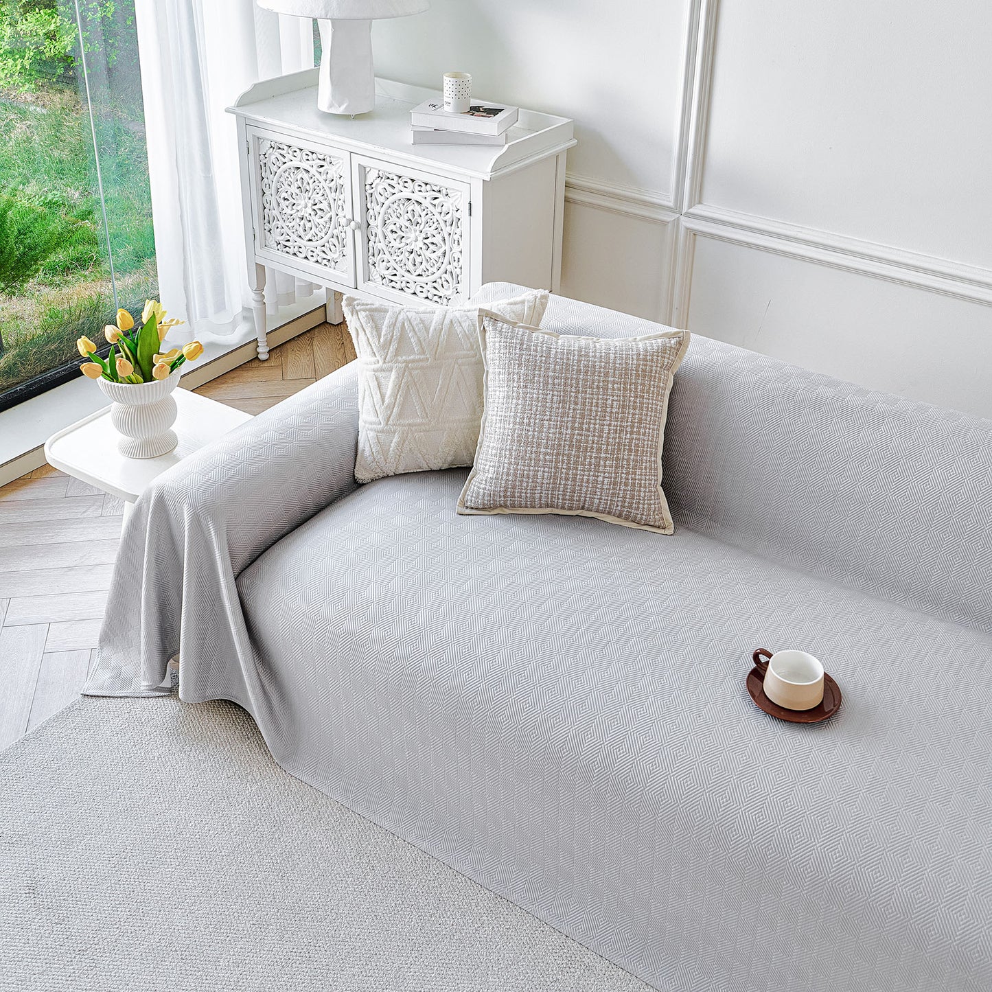 Cooling Ice Silk Soft Sofa Cover Blanket, Woven Geometric Textured Modern Couch Cover