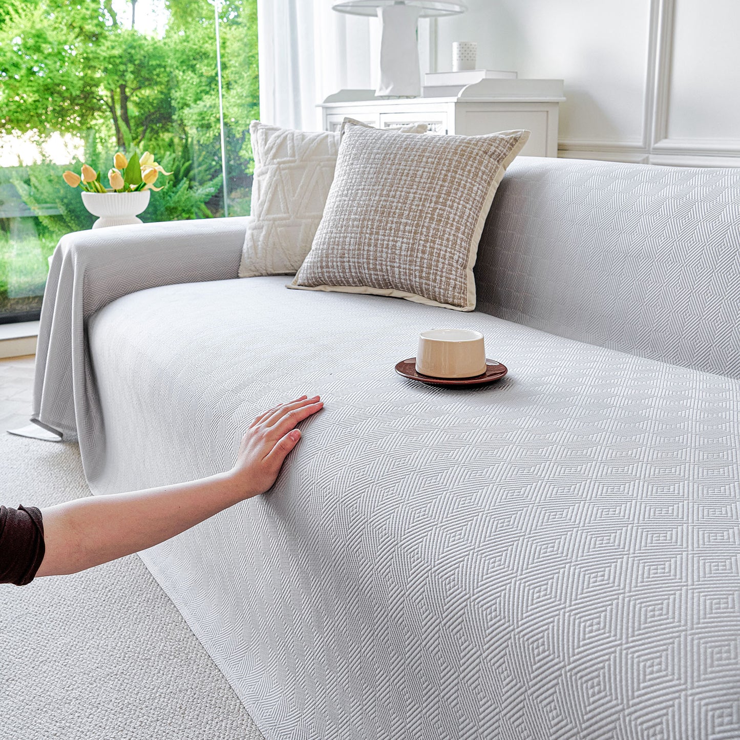 Cooling Ice Silk Soft Sofa Cover Blanket, Woven Geometric Textured Modern Couch Cover