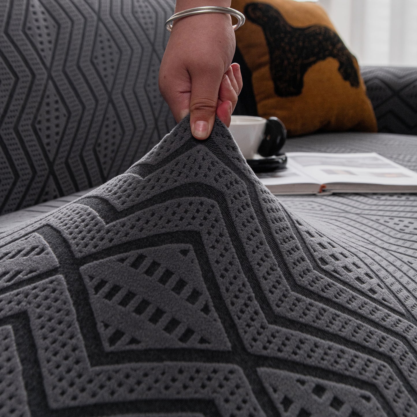 Modern Geometric Jacquard Sofa Slipcover, High Stretch 1-Piece Textured Couch Cover