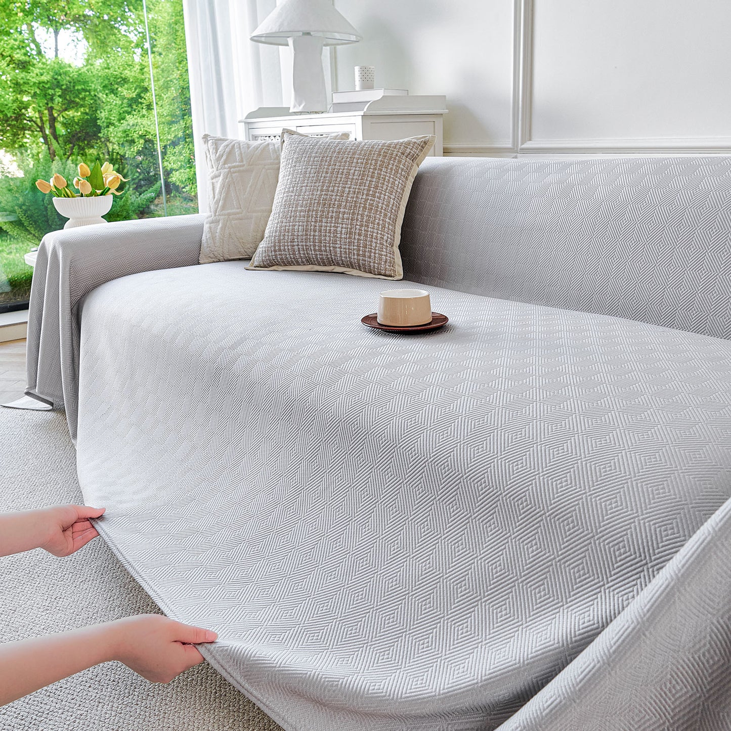 Cooling Ice Silk Soft Sofa Cover Blanket, Woven Geometric Textured Modern Couch Cover