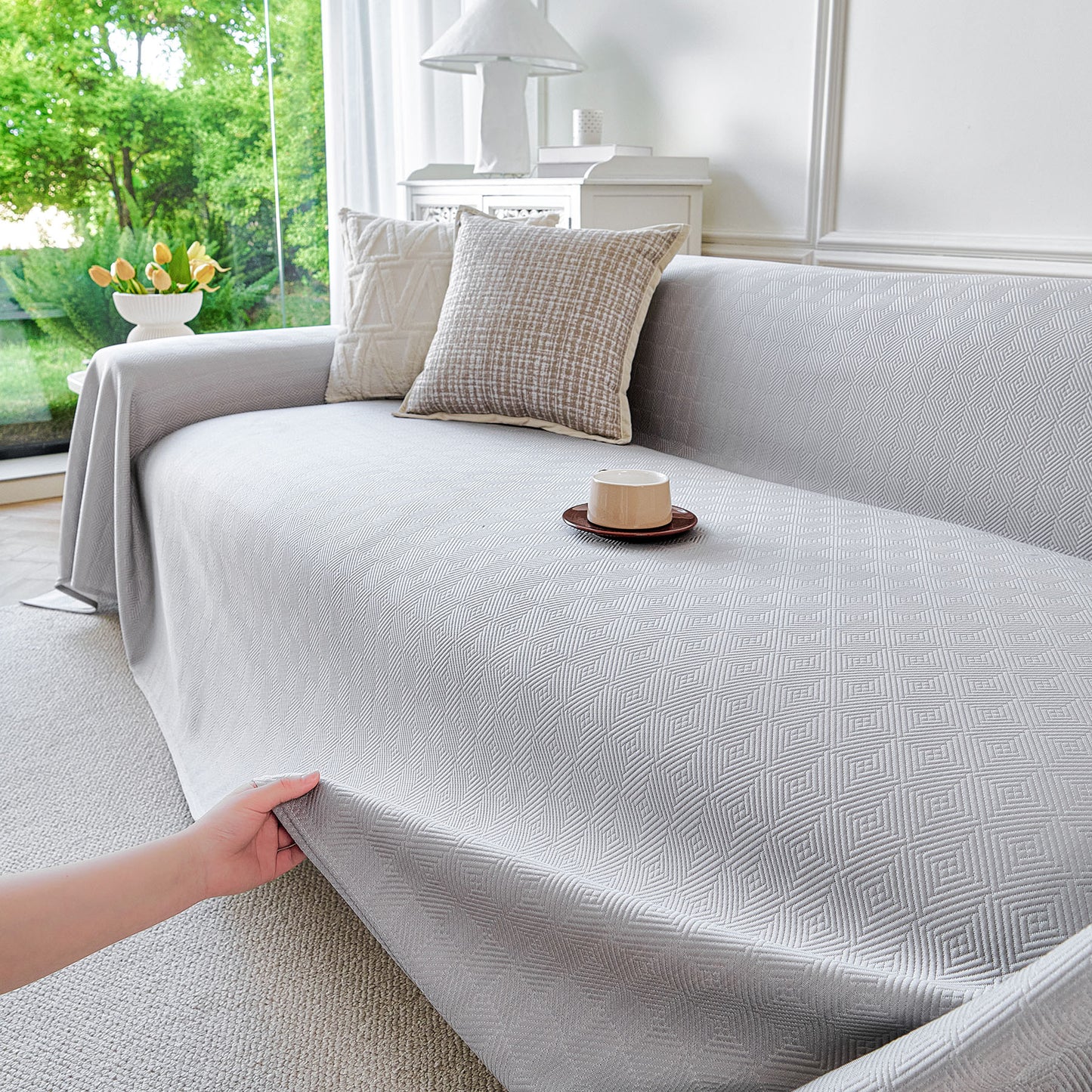Cooling Ice Silk Soft Sofa Cover Blanket, Woven Geometric Textured Modern Couch Cover