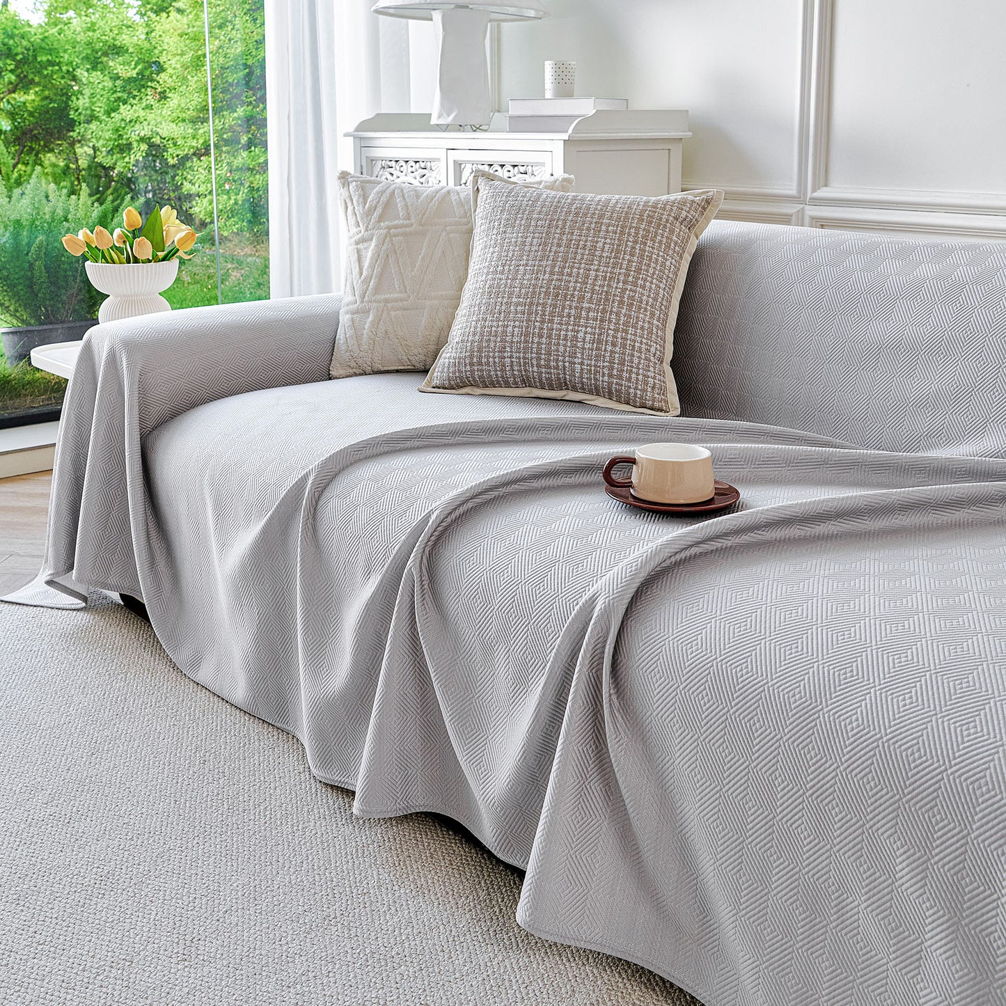 Cooling Ice Silk Soft Sofa Cover Blanket, Woven Geometric Textured Modern Couch Cover