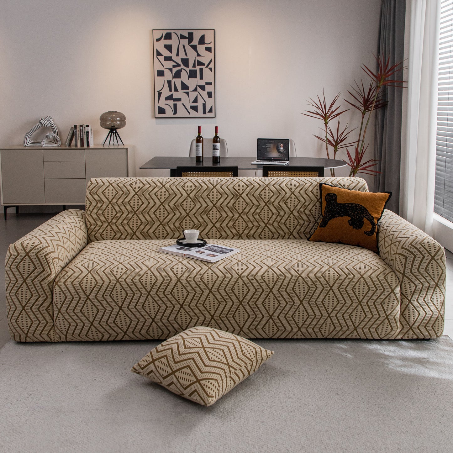 Modern Geometric Jacquard Sofa Slipcover, High Stretch 1-Piece Textured Couch Cover