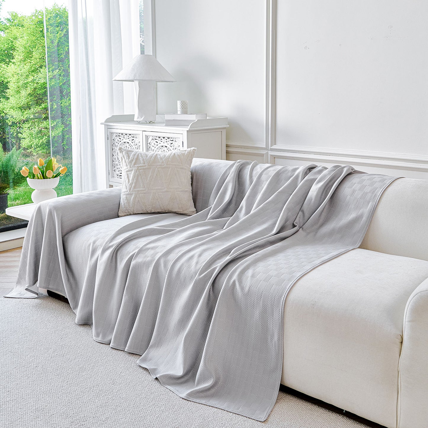 Cooling Ice Silk Soft Sofa Cover Blanket, Woven Geometric Textured Modern Couch Cover