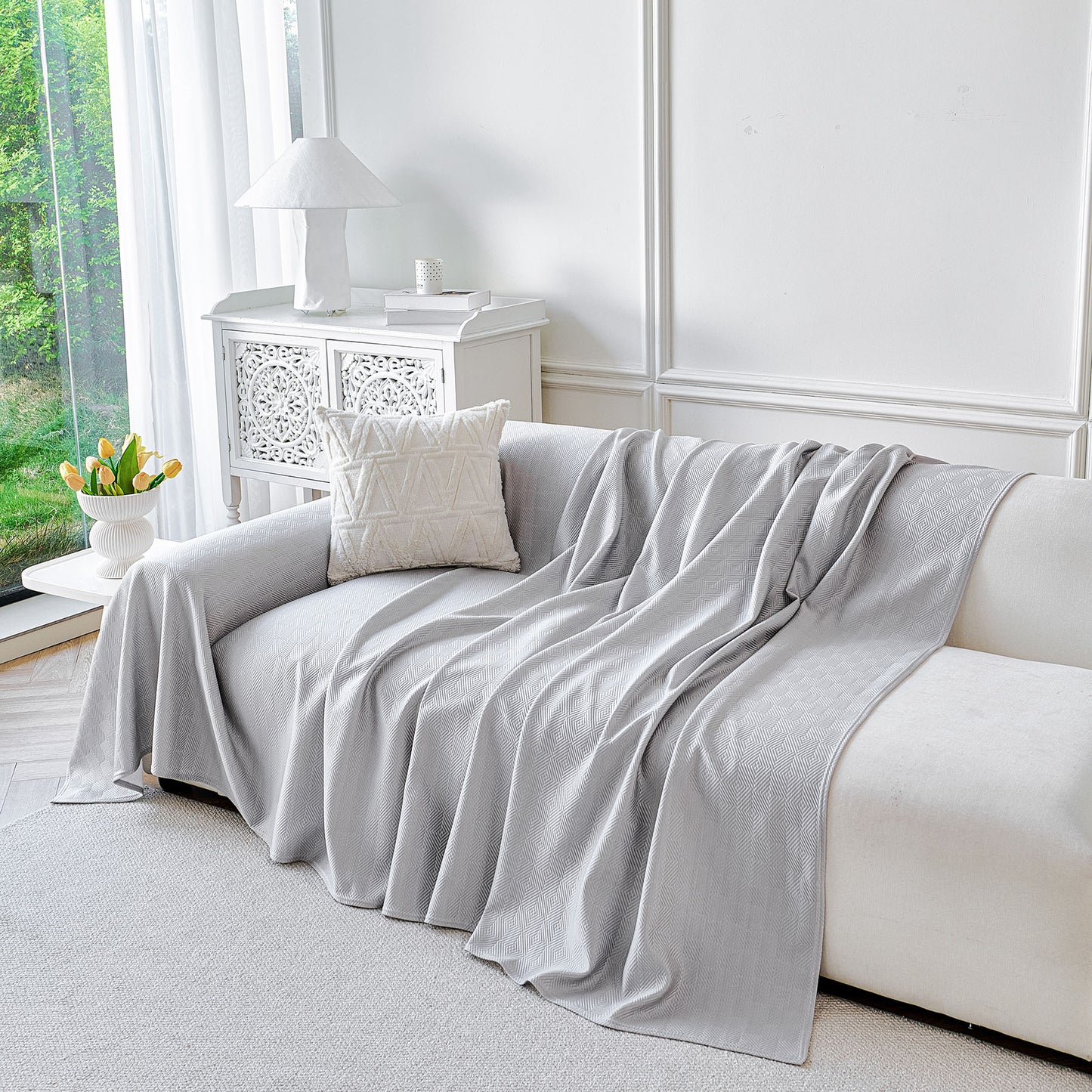 Cooling Ice Silk Soft Sofa Cover Blanket, Woven Geometric Textured Modern Couch Cover