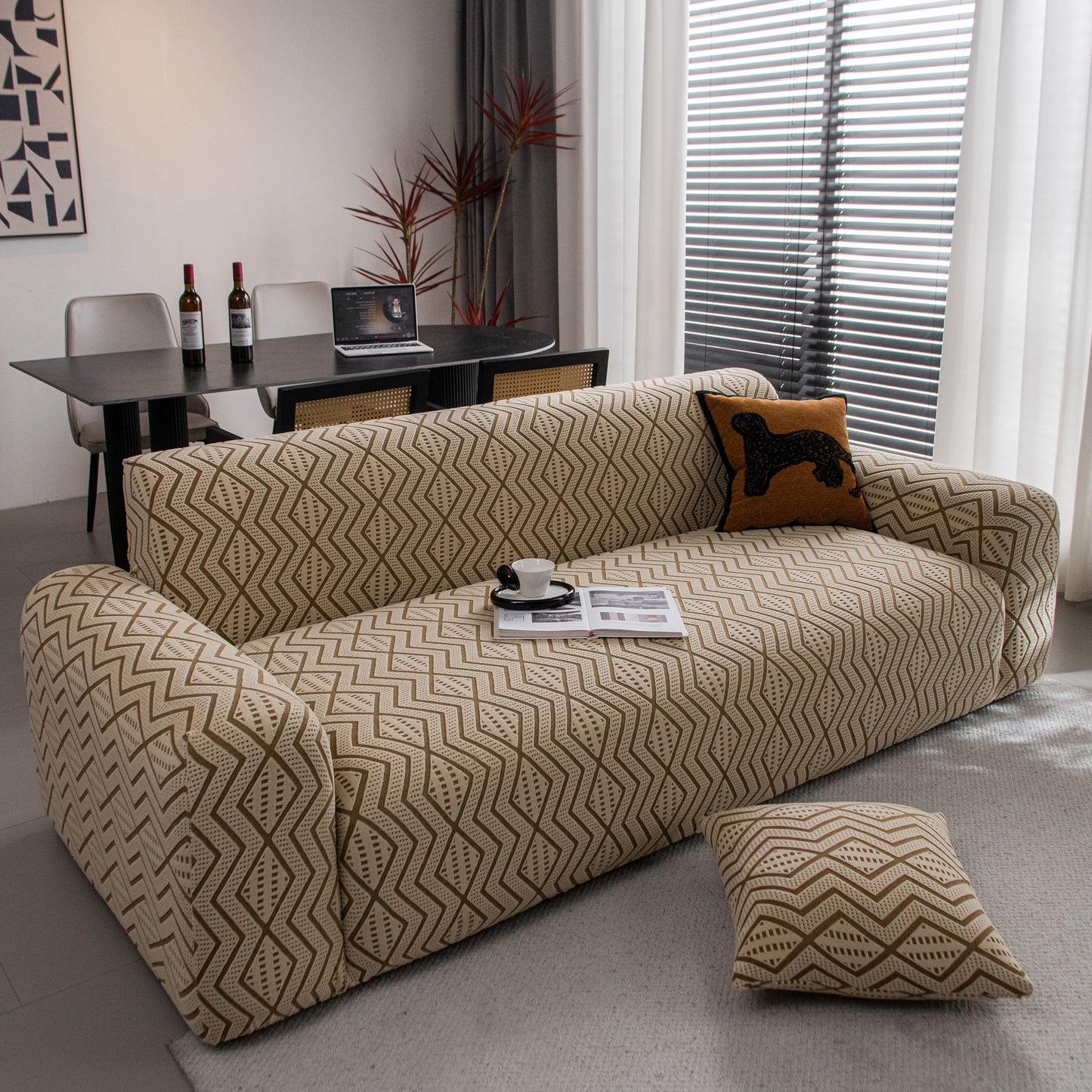 Modern Geometric Jacquard Sofa Slipcover, High Stretch 1-Piece Textured Couch Cover