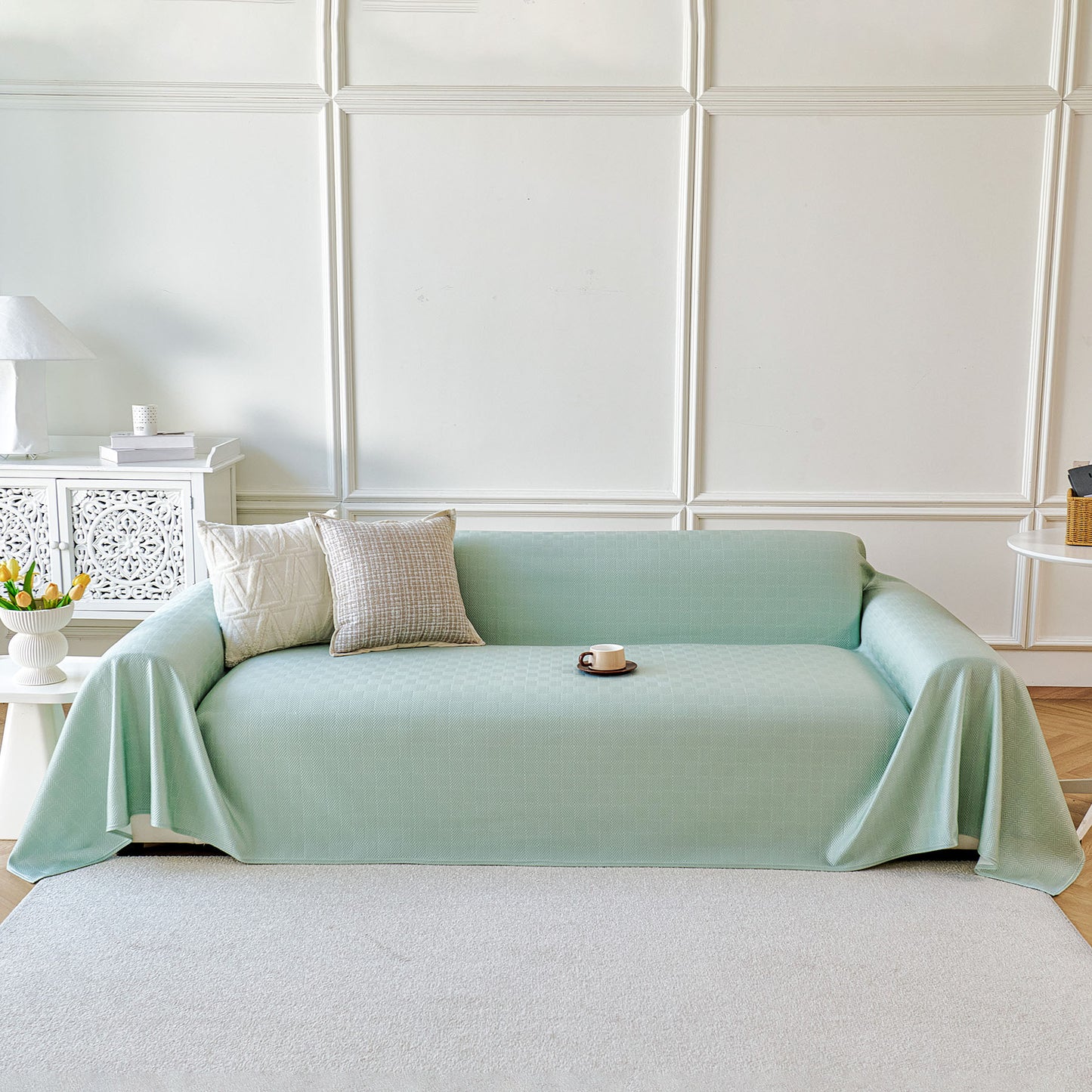 Cooling Ice Silk Soft Sofa Cover Blanket, Woven Geometric Textured Modern Couch Cover