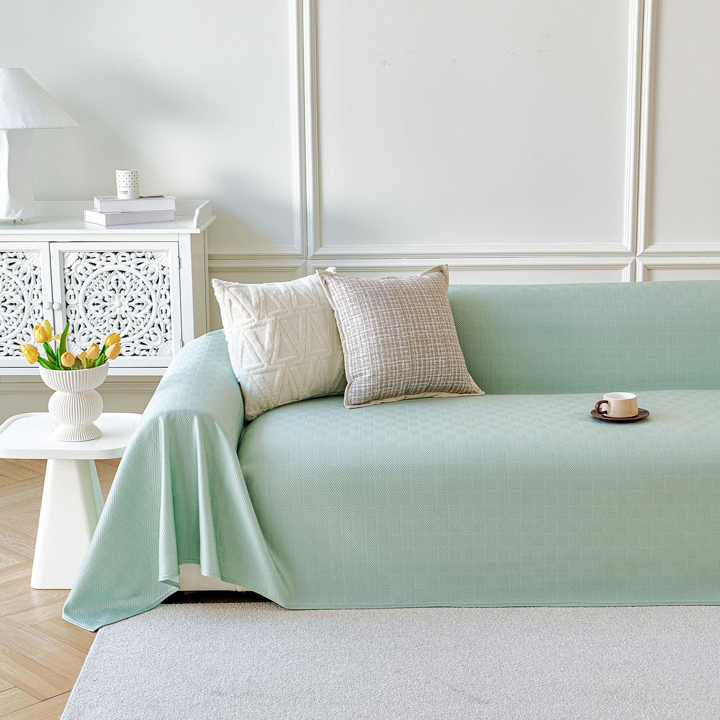 Cooling Ice Silk Soft Sofa Cover Blanket, Woven Geometric Textured Modern Couch Cover