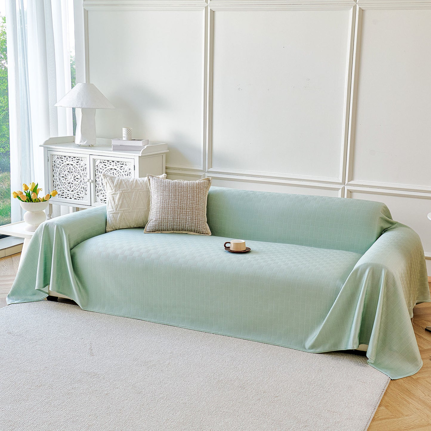 Cooling Ice Silk Soft Sofa Cover Blanket, Woven Geometric Textured Modern Couch Cover