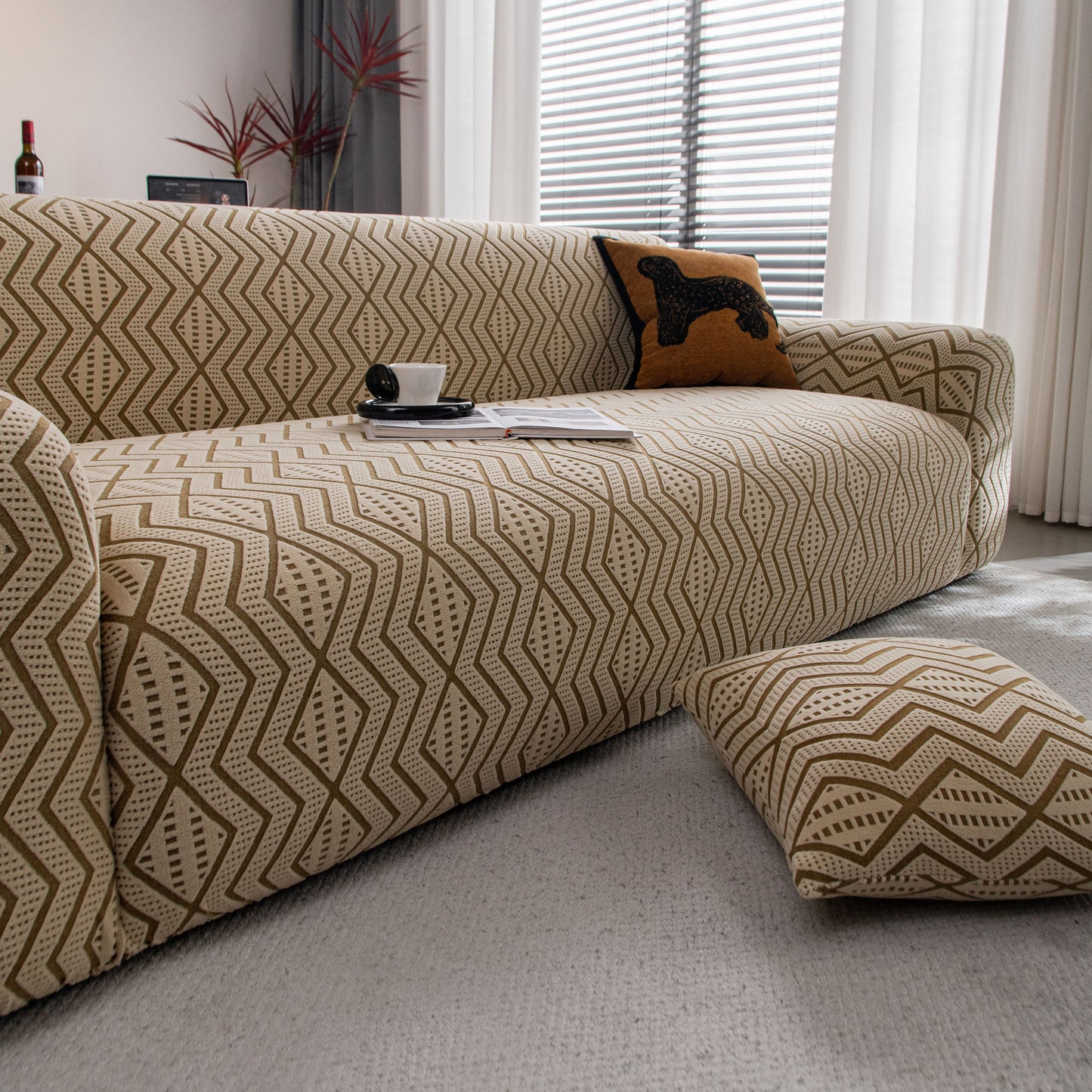 Modern Geometric Jacquard Sofa Slipcover, High Stretch 1-Piece Textured Couch Cover