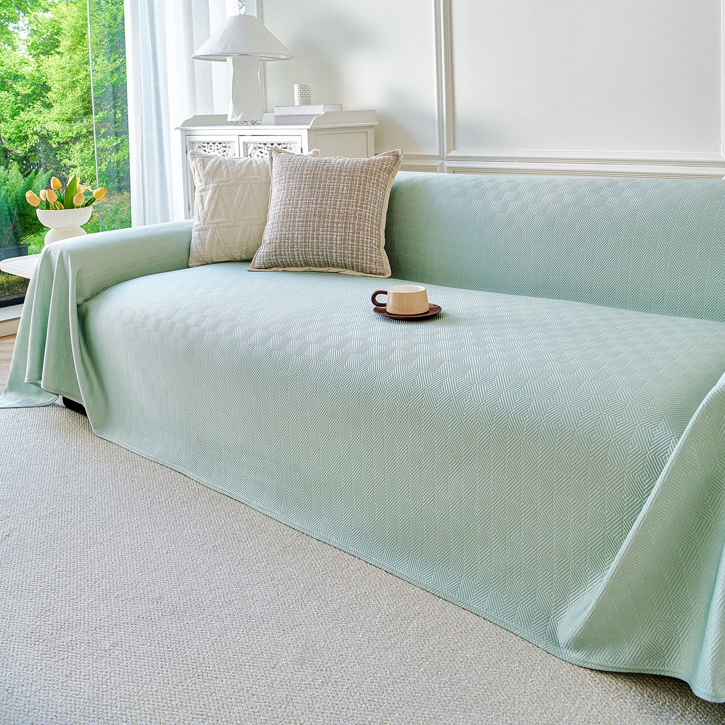 Cooling Ice Silk Soft Sofa Cover Blanket, Woven Geometric Textured Modern Couch Cover