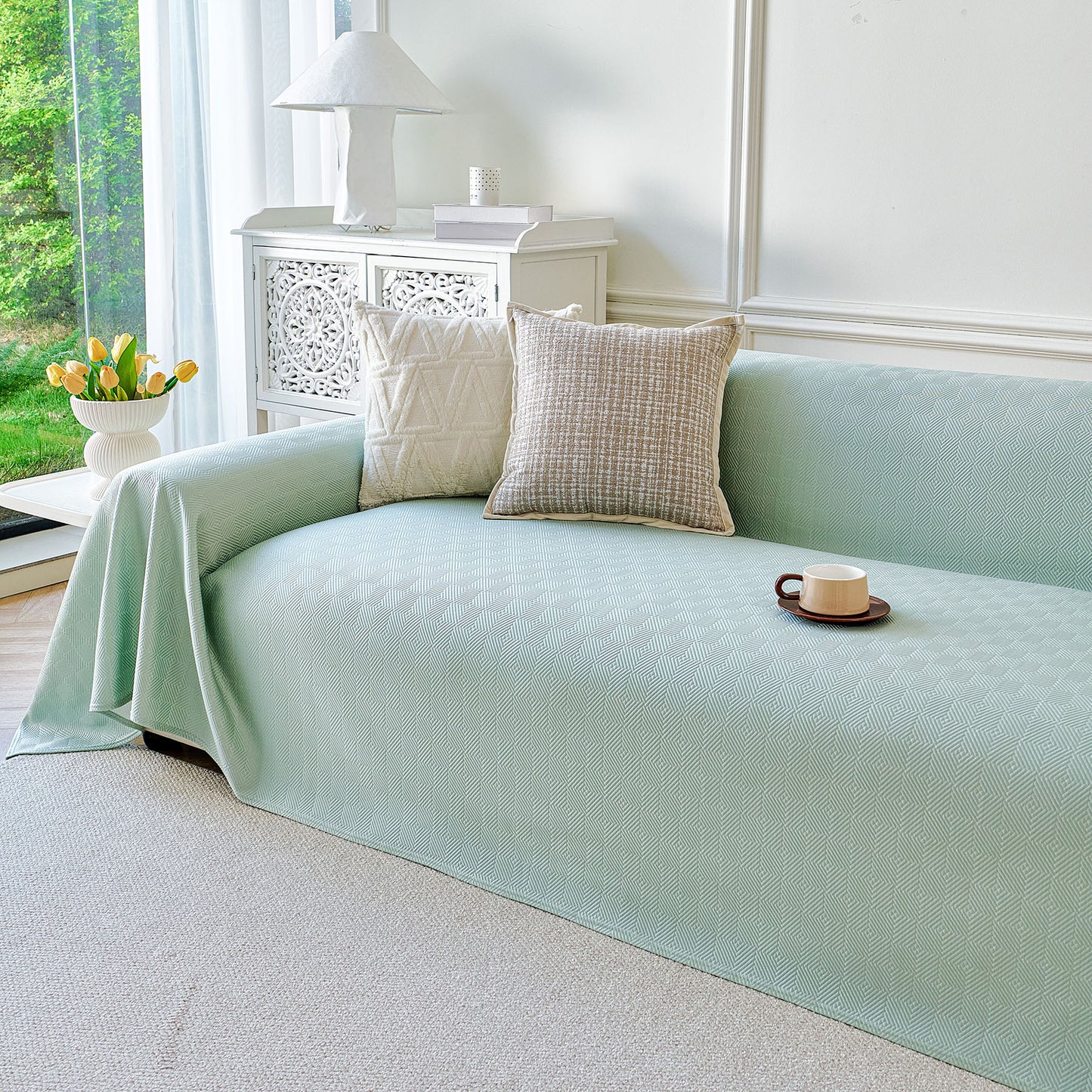 Cooling Ice Silk Soft Sofa Cover Blanket, Woven Geometric Textured Modern Couch Cover
