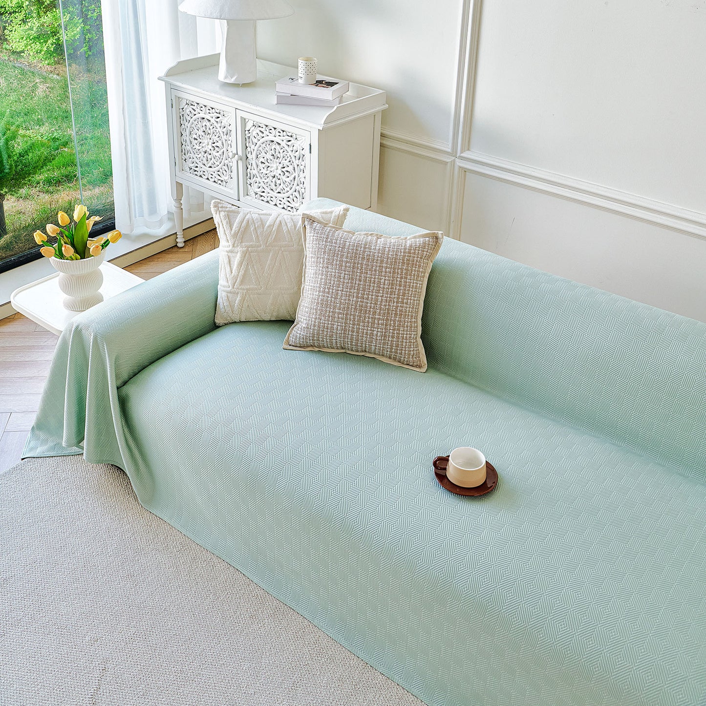 Cooling Ice Silk Soft Sofa Cover Blanket, Woven Geometric Textured Modern Couch Cover