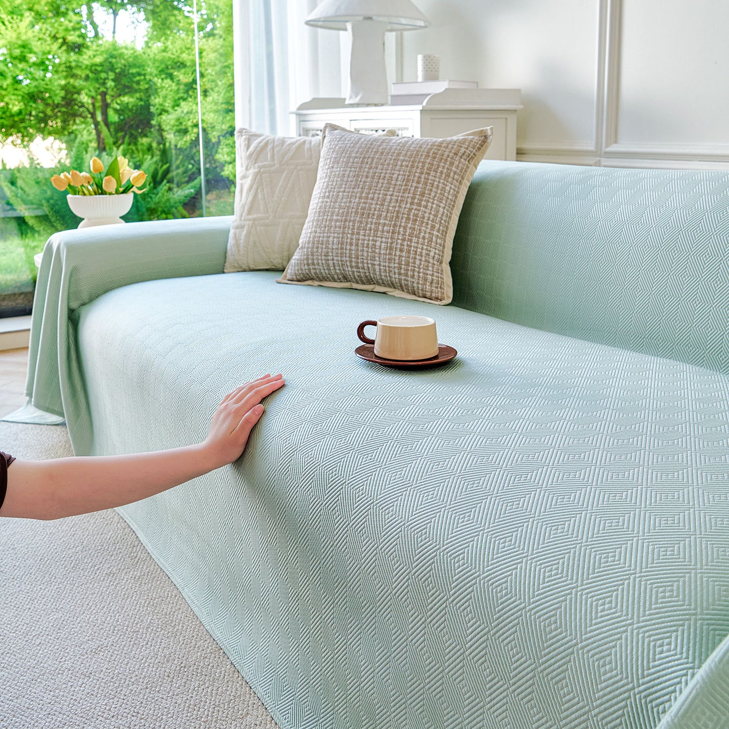 Cooling Ice Silk Soft Sofa Cover Blanket, Woven Geometric Textured Modern Couch Cover