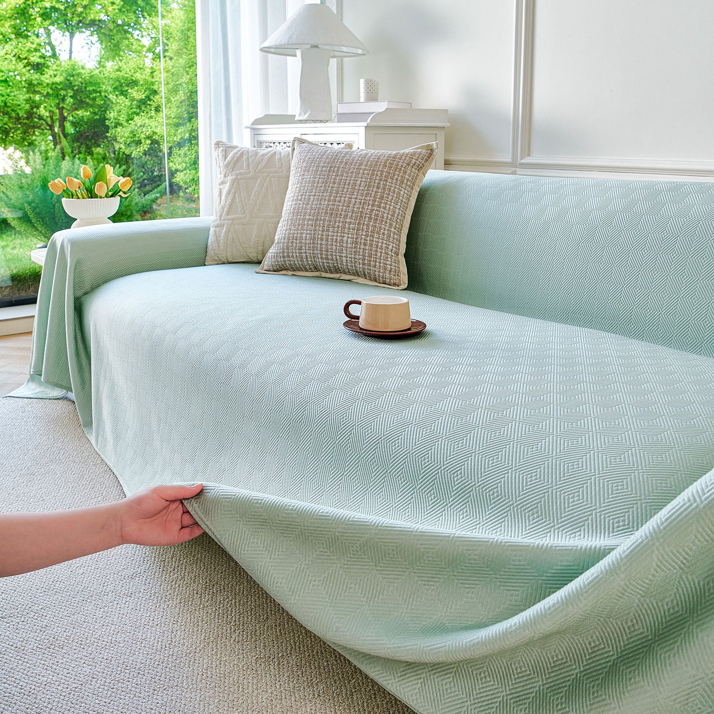 Cooling Ice Silk Soft Sofa Cover Blanket, Woven Geometric Textured Modern Couch Cover