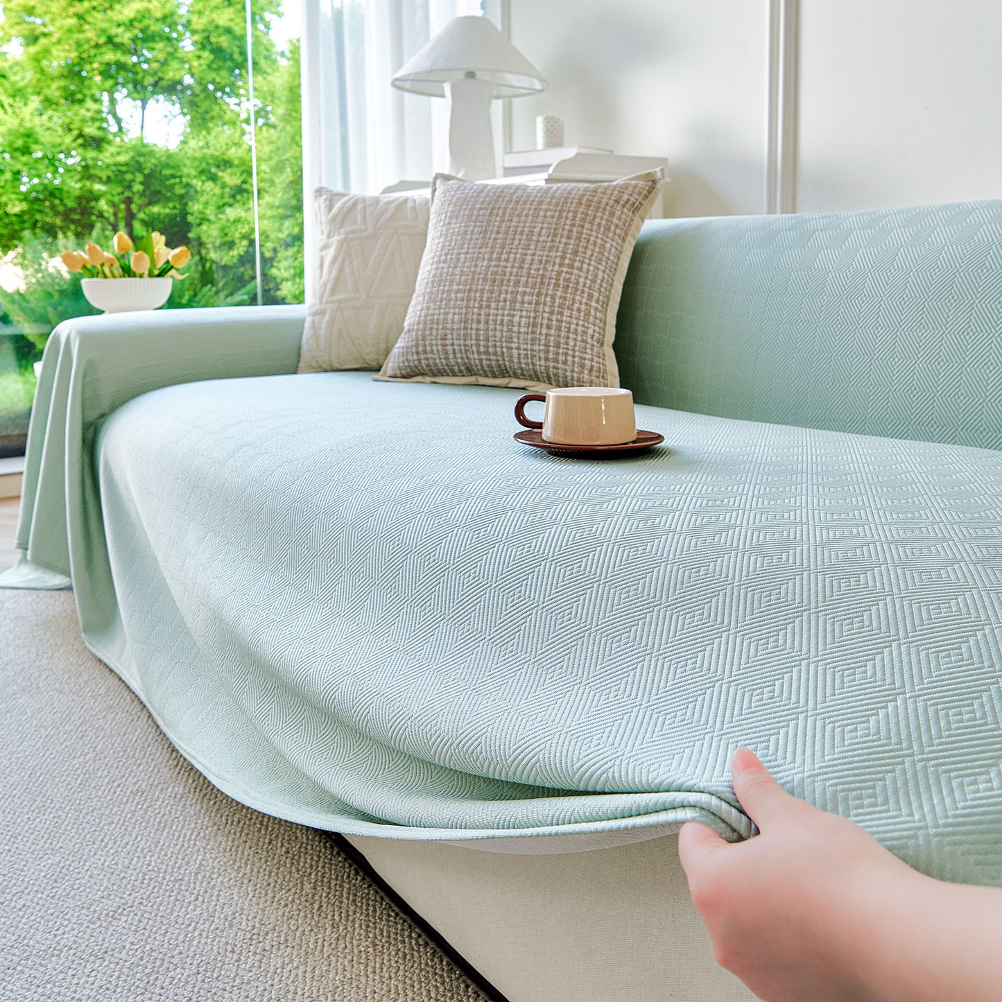 Cooling Ice Silk Soft Sofa Cover Blanket, Woven Geometric Textured Modern Couch Cover