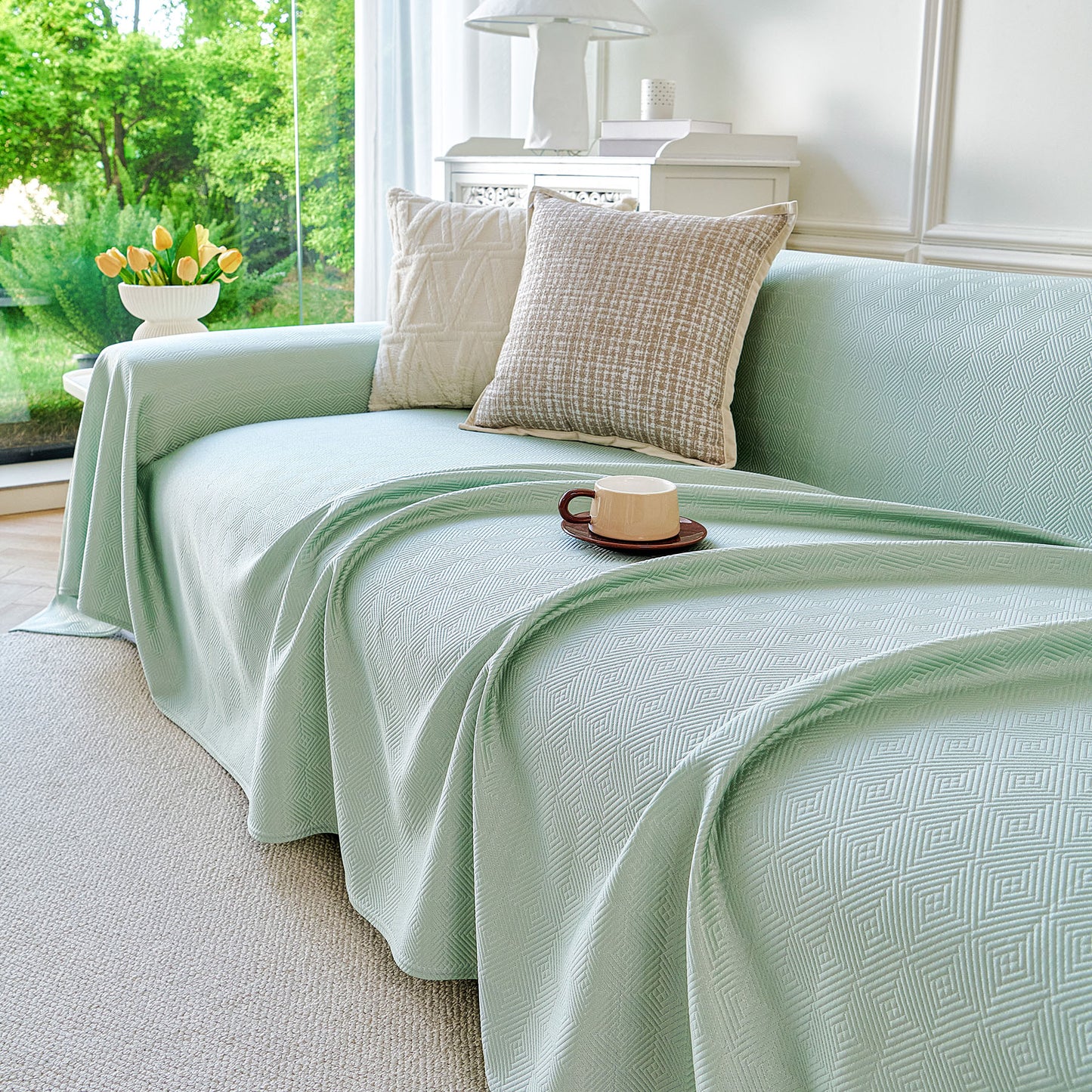Cooling Ice Silk Soft Sofa Cover Blanket, Woven Geometric Textured Modern Couch Cover