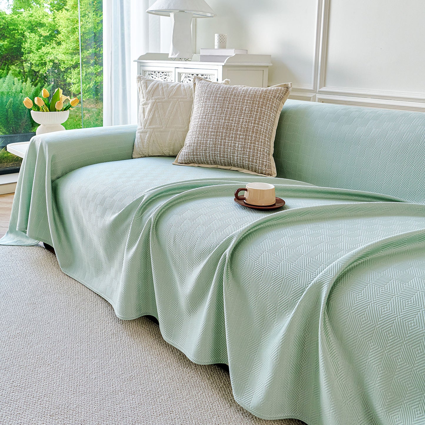 Cooling Ice Silk Soft Sofa Cover Blanket, Woven Geometric Textured Modern Couch Cover