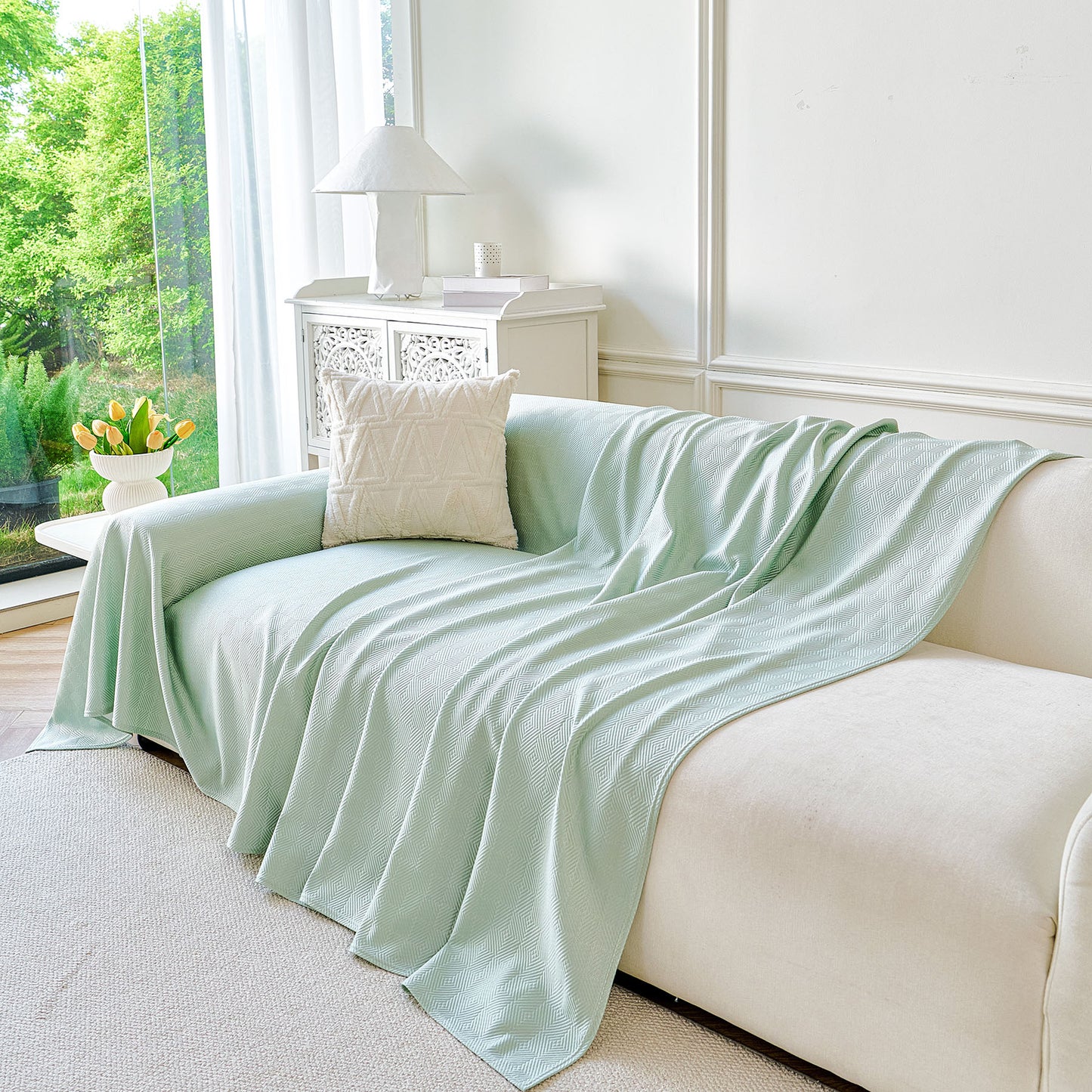 Cooling Ice Silk Soft Sofa Cover Blanket, Woven Geometric Textured Modern Couch Cover