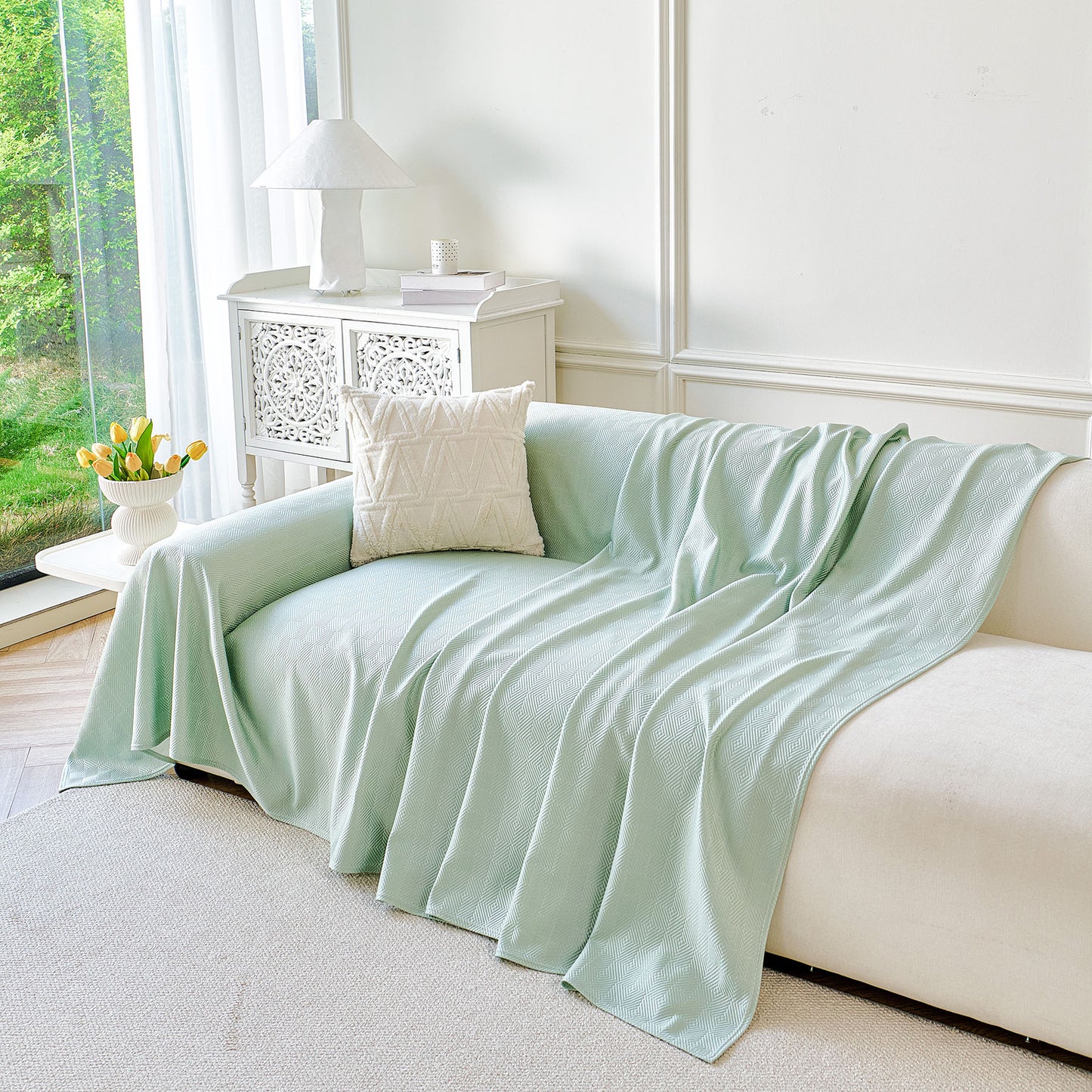 Cooling Ice Silk Soft Sofa Cover Blanket, Woven Geometric Textured Modern Couch Cover