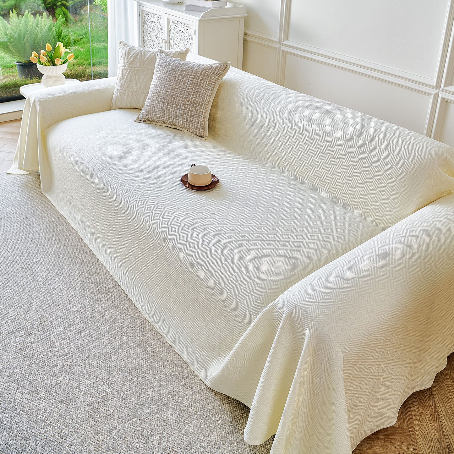 Cooling Ice Silk Soft Sofa Cover Blanket, Woven Geometric Textured Modern Couch Cover