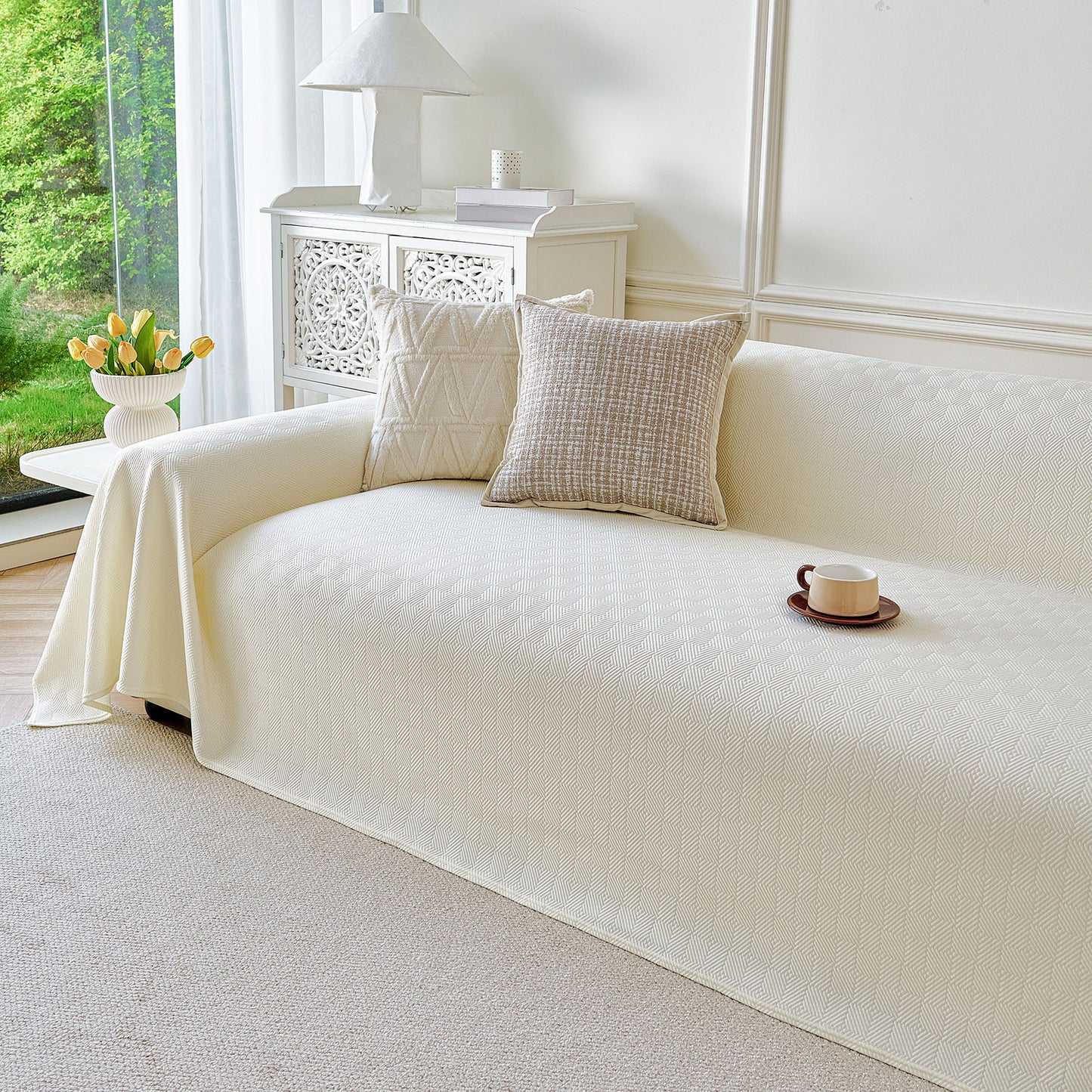 Cooling Ice Silk Soft Sofa Cover Blanket, Woven Geometric Textured Modern Couch Cover
