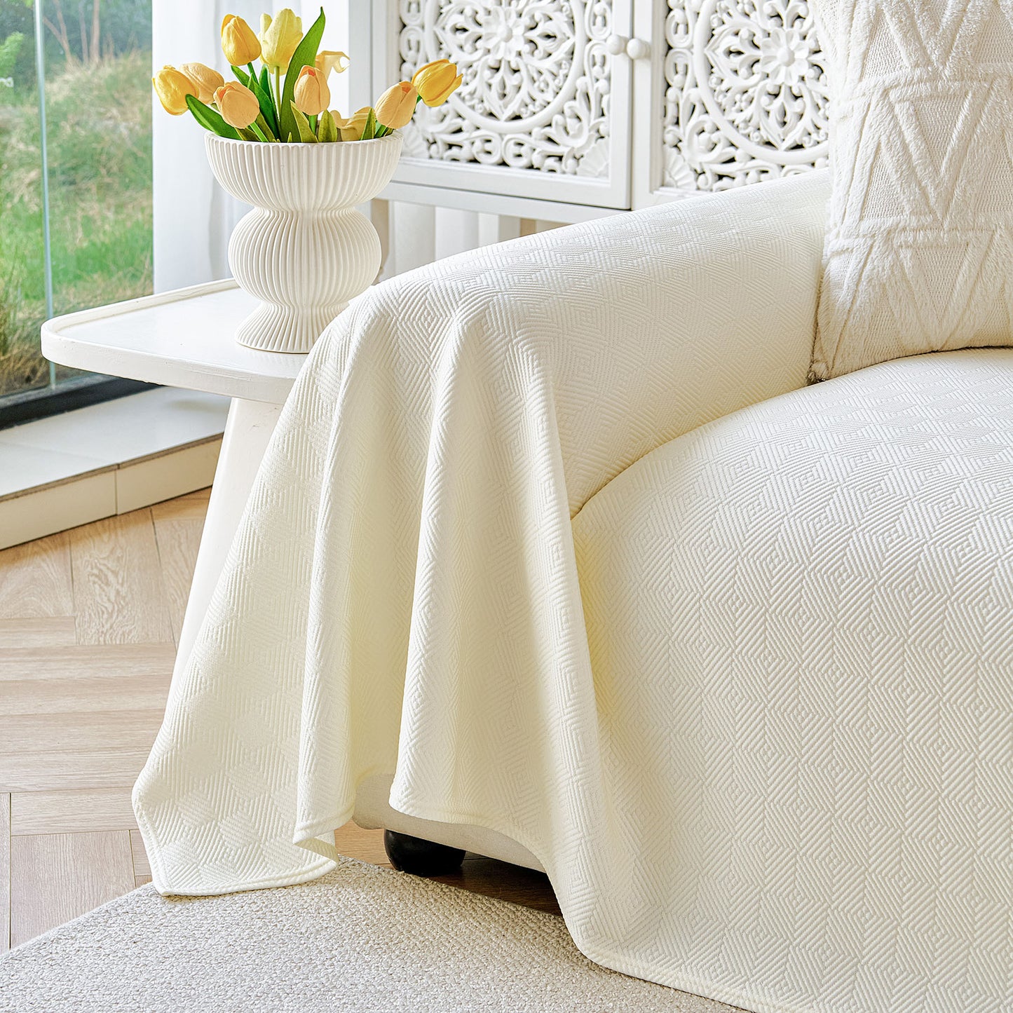 Cooling Ice Silk Soft Sofa Cover Blanket, Woven Geometric Textured Modern Couch Cover