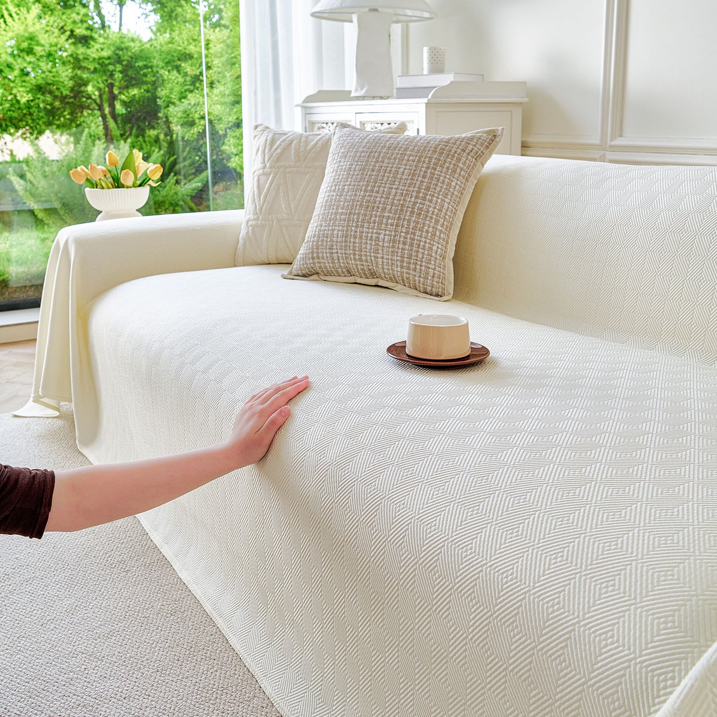 Cooling Ice Silk Soft Sofa Cover Blanket, Woven Geometric Textured Modern Couch Cover
