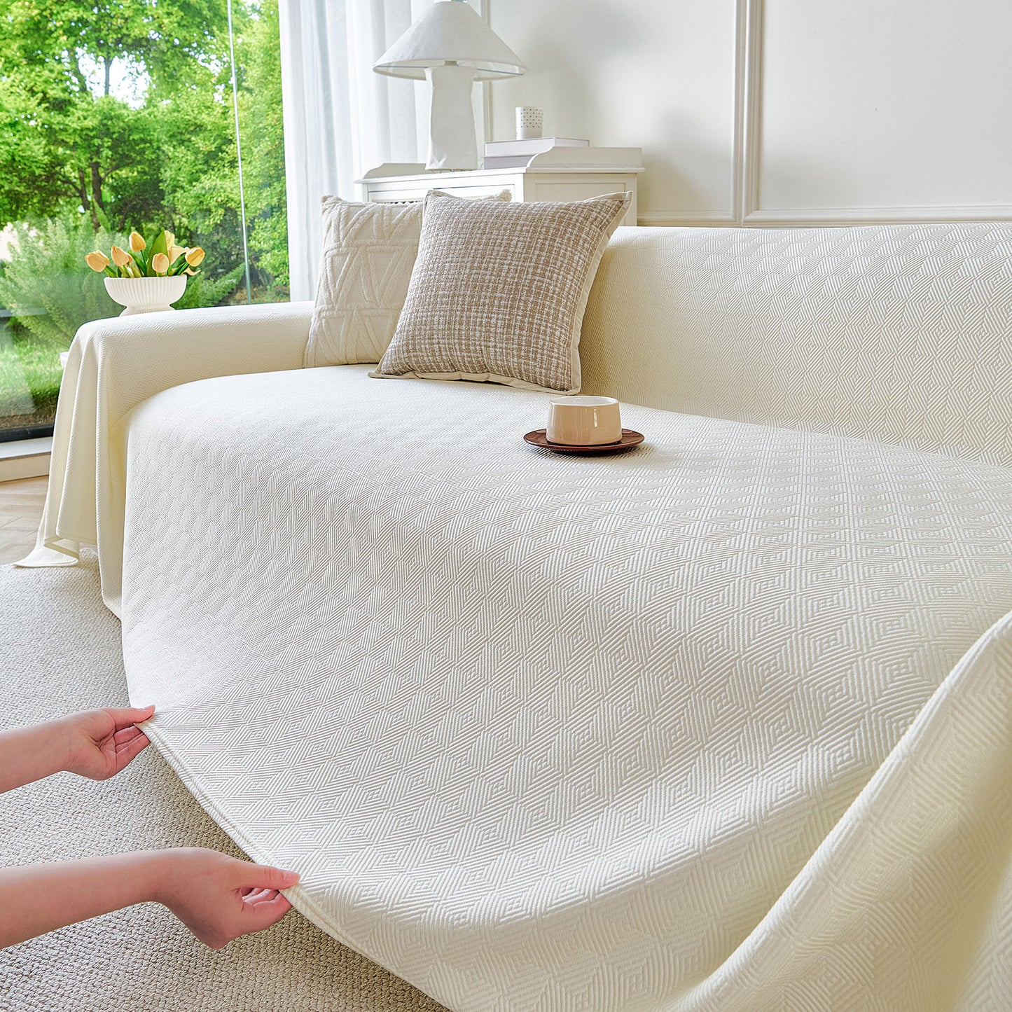Cooling Ice Silk Soft Sofa Cover Blanket, Woven Geometric Textured Modern Couch Cover