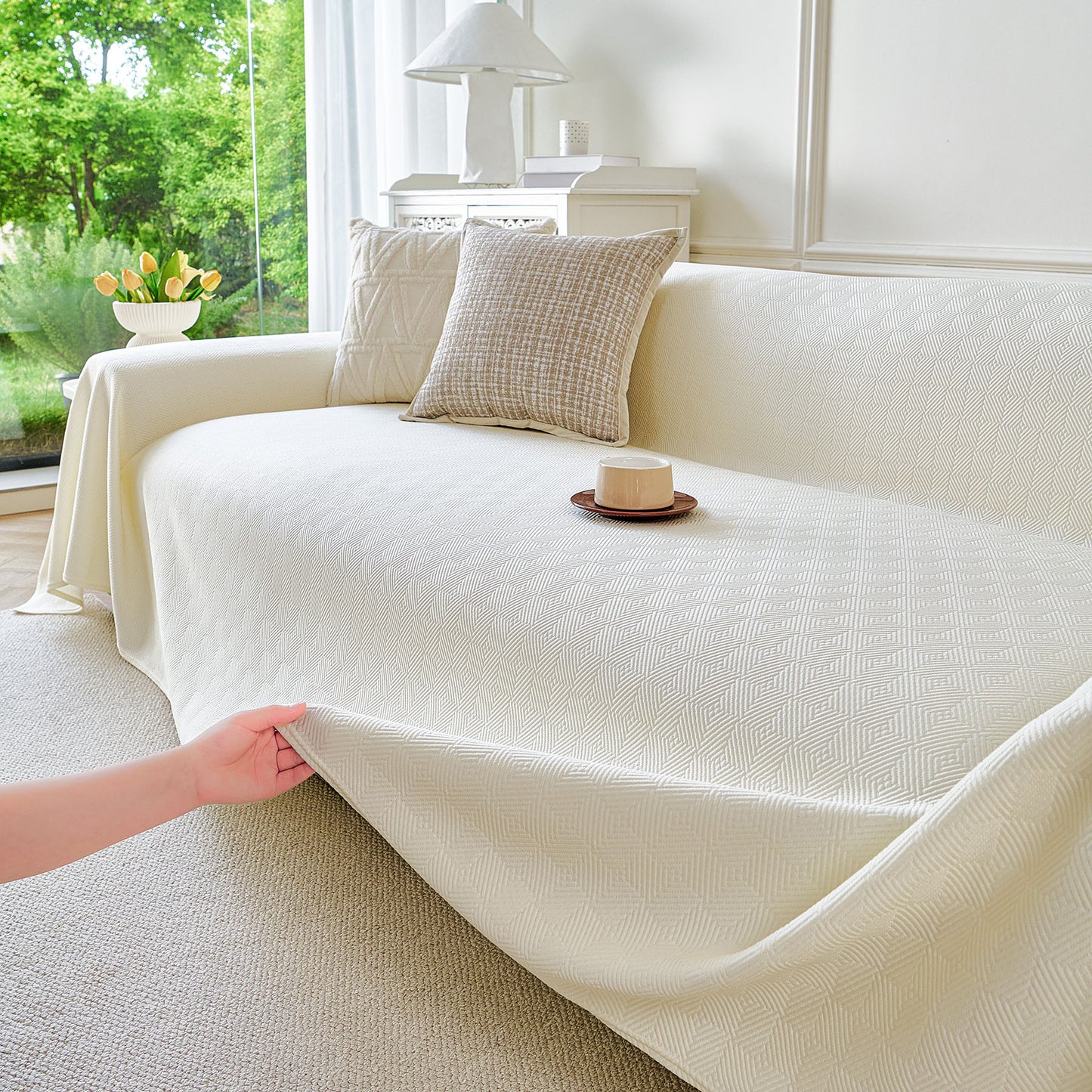 Cooling Ice Silk Soft Sofa Cover Blanket, Woven Geometric Textured Modern Couch Cover