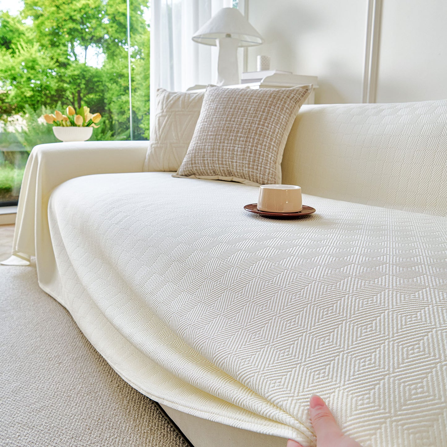 Cooling Ice Silk Soft Sofa Cover Blanket, Woven Geometric Textured Modern Couch Cover