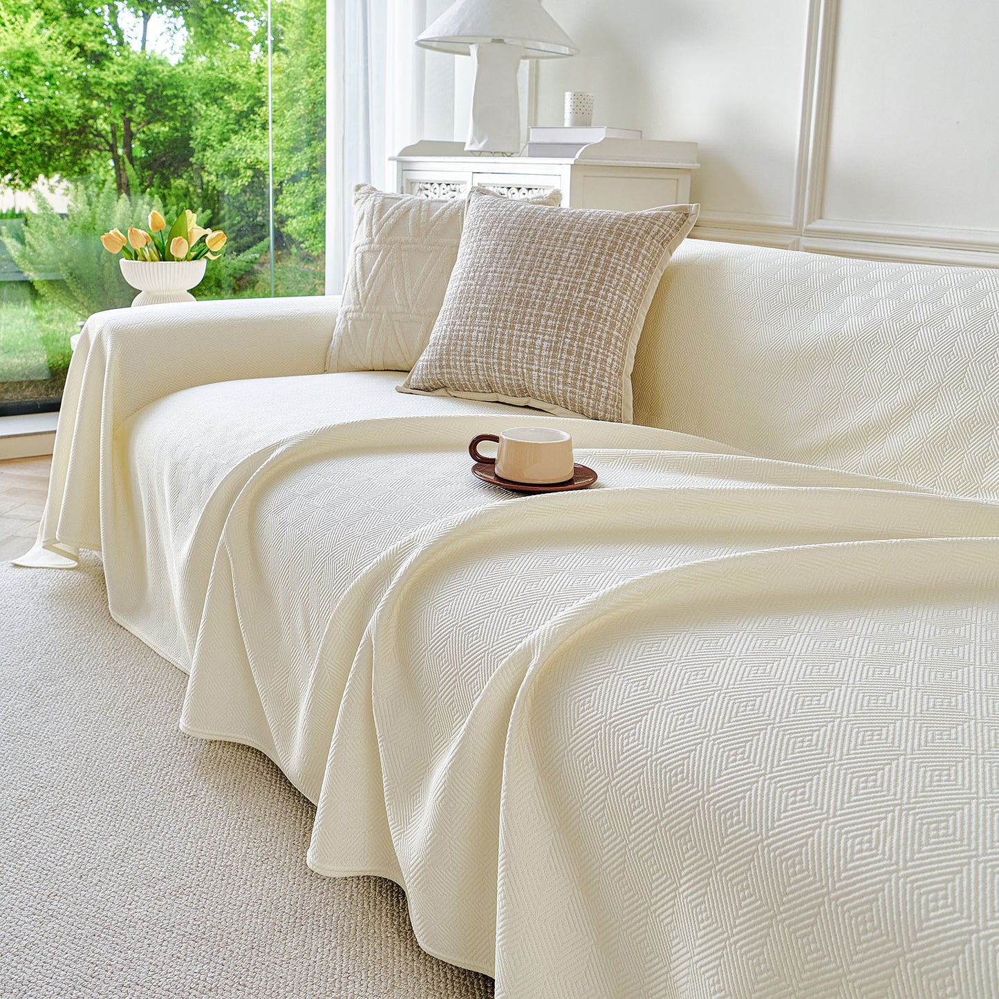 Cooling Ice Silk Soft Sofa Cover Blanket, Woven Geometric Textured Modern Couch Cover