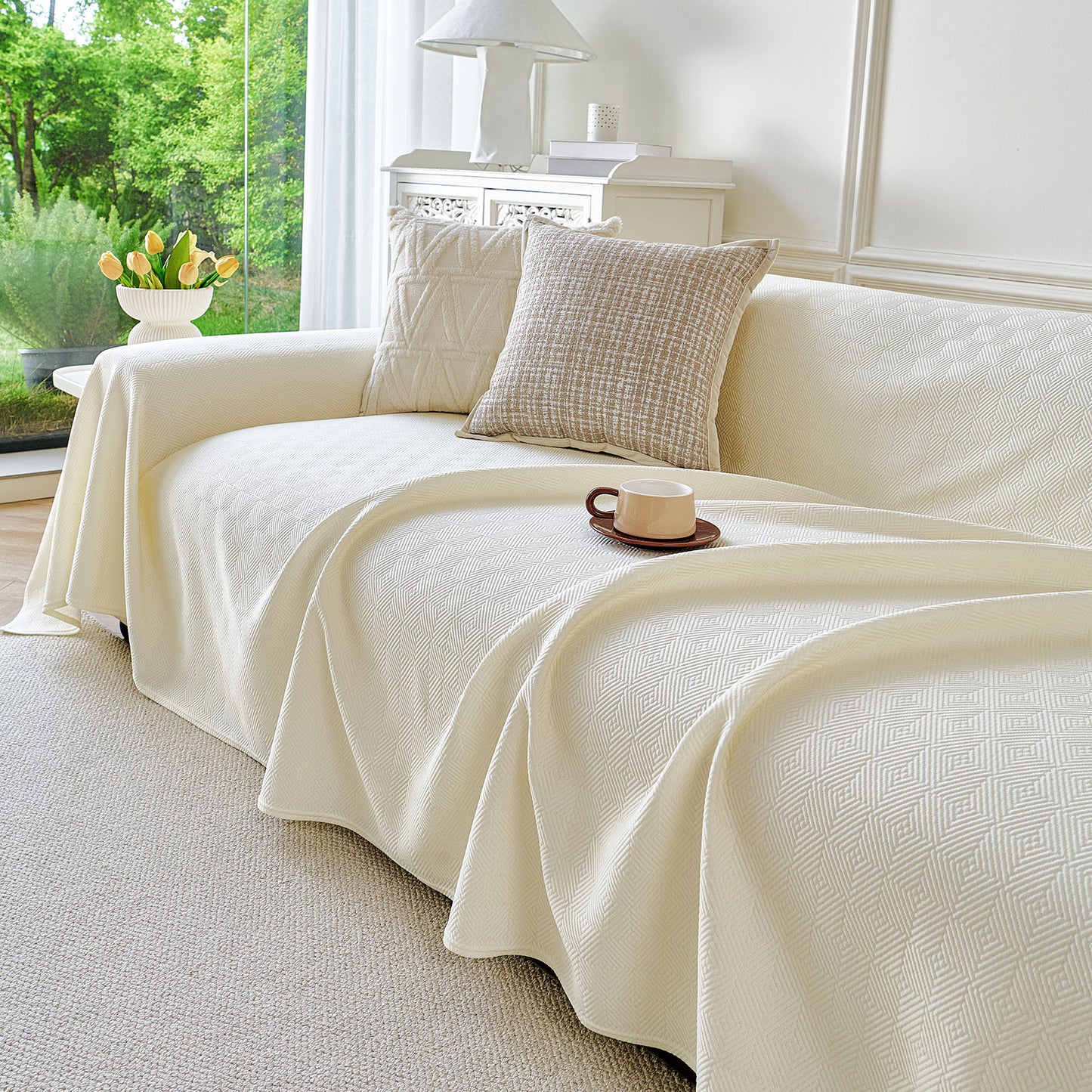 Cooling Ice Silk Soft Sofa Cover Blanket, Woven Geometric Textured Modern Couch Cover