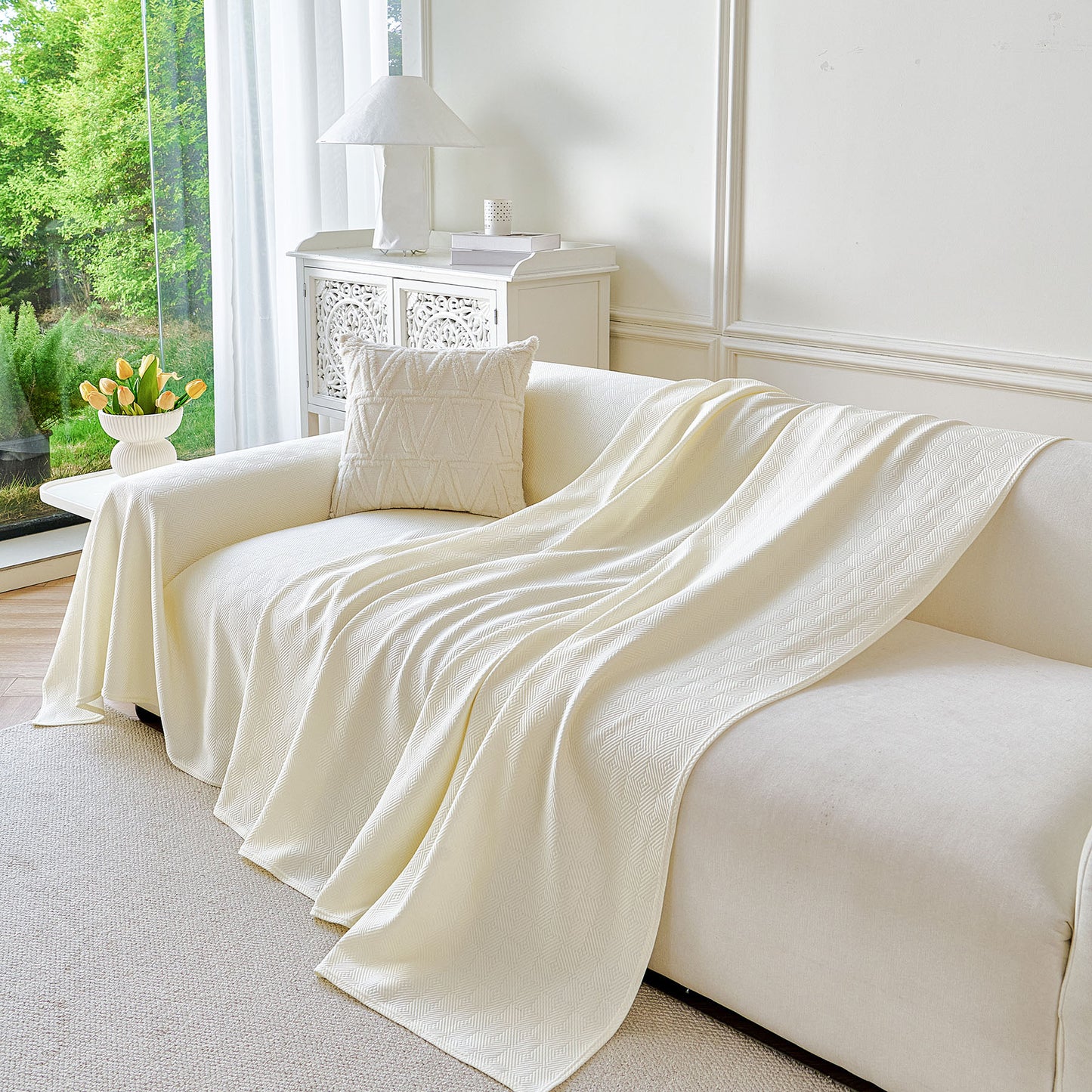 Cooling Ice Silk Soft Sofa Cover Blanket, Woven Geometric Textured Modern Couch Cover