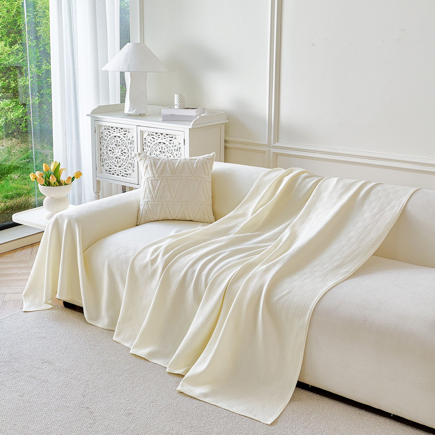 Cooling Ice Silk Soft Sofa Cover Blanket, Woven Geometric Textured Modern Couch Cover