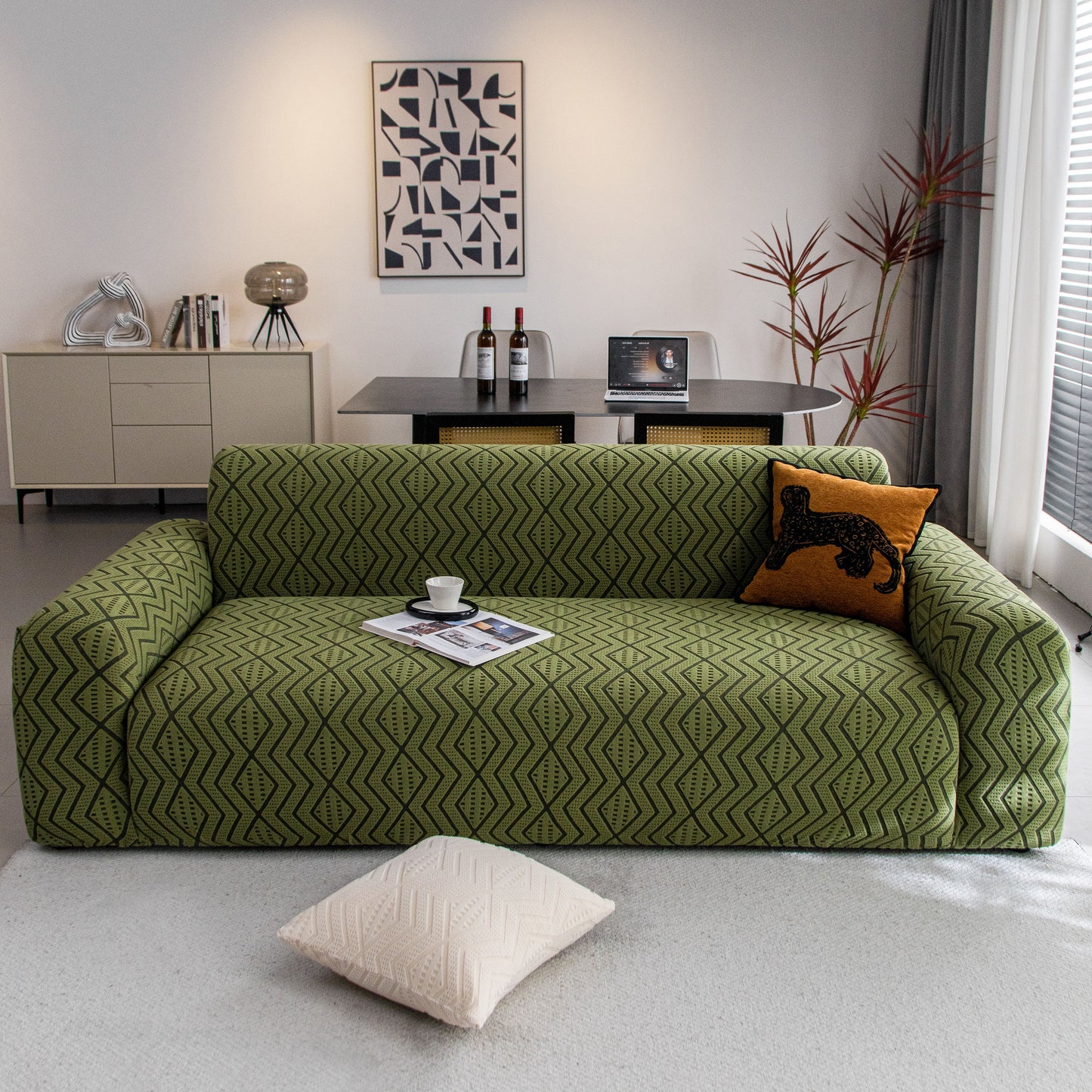 Modern Geometric Jacquard Sofa Slipcover, High Stretch 1-Piece Textured Couch Cover