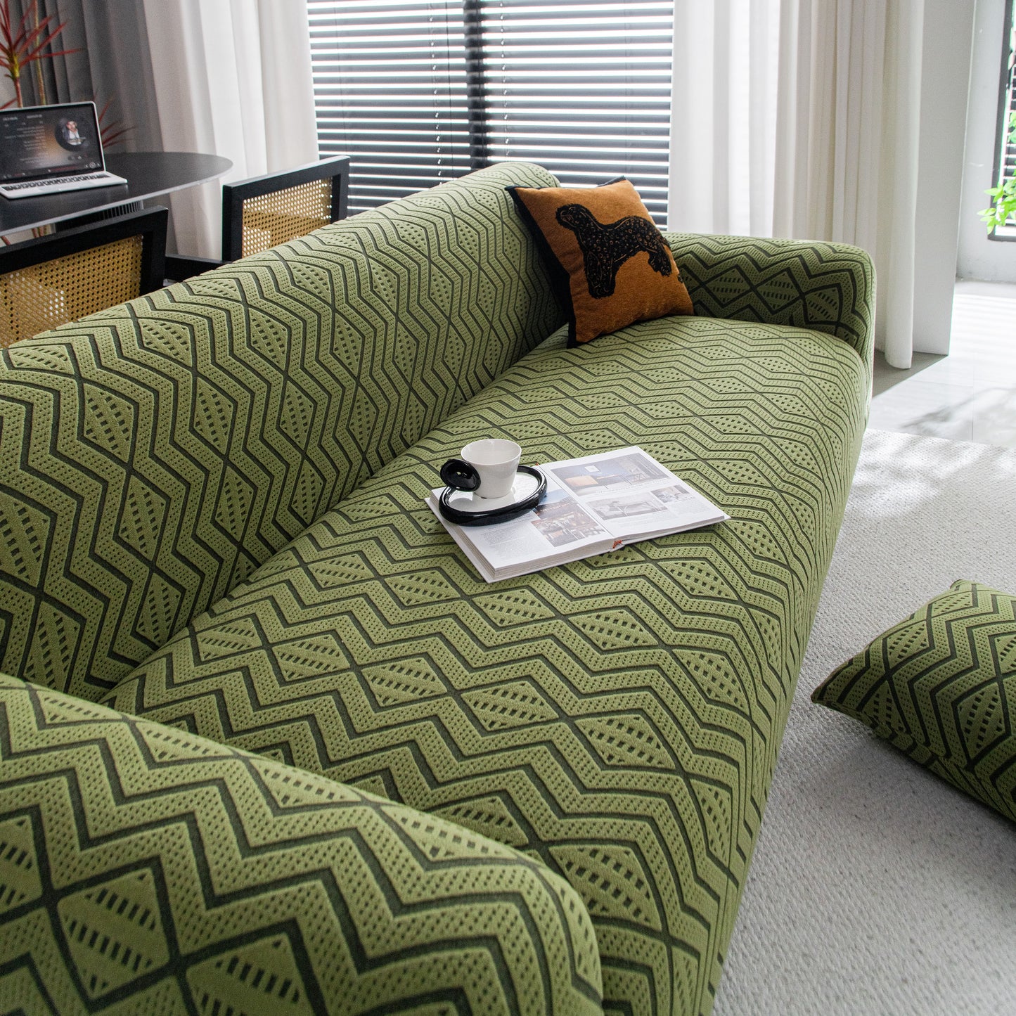 Modern Geometric Jacquard Sofa Slipcover, High Stretch 1-Piece Textured Couch Cover