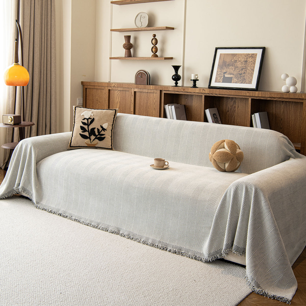 Oversized Classic Textured Herringbone Sofa Throw Cover, Raised Woven Couch Protector
