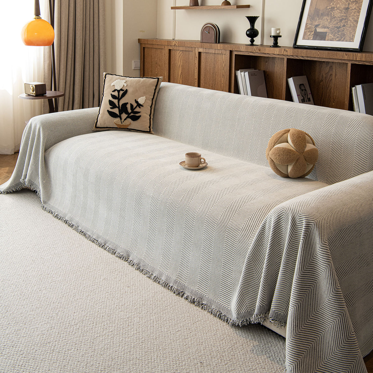 Oversized Classic Textured Herringbone Sofa Throw Cover, Raised Woven Couch Protector