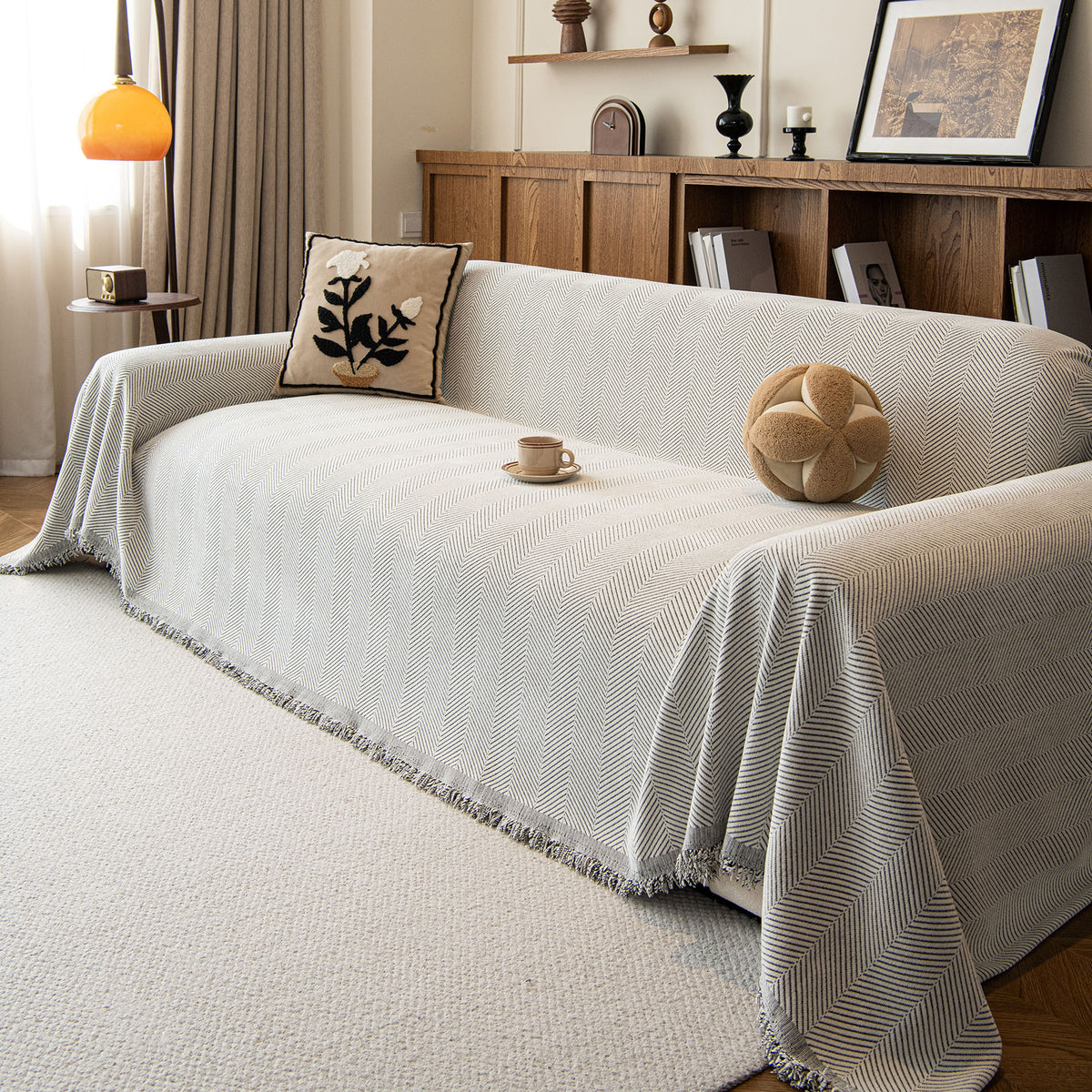 Oversized Classic Textured Herringbone Sofa Throw Cover, Raised Woven Couch Protector