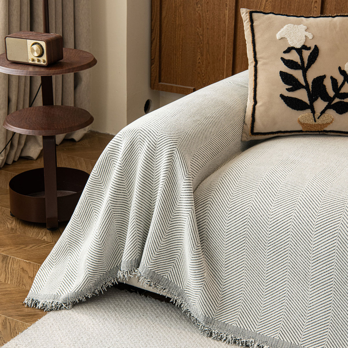 Oversized Classic Textured Herringbone Sofa Throw Cover, Raised Woven Couch Protector