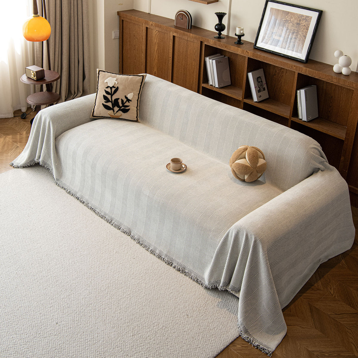 Oversized Classic Textured Herringbone Sofa Throw Cover, Raised Woven Couch Protector