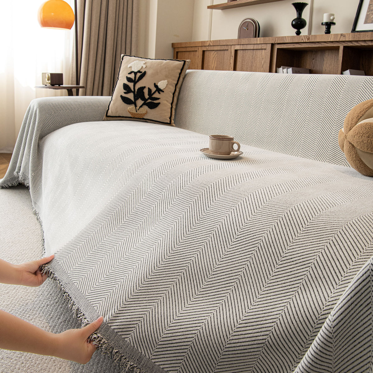 Oversized Classic Textured Herringbone Sofa Throw Cover, Raised Woven Couch Protector