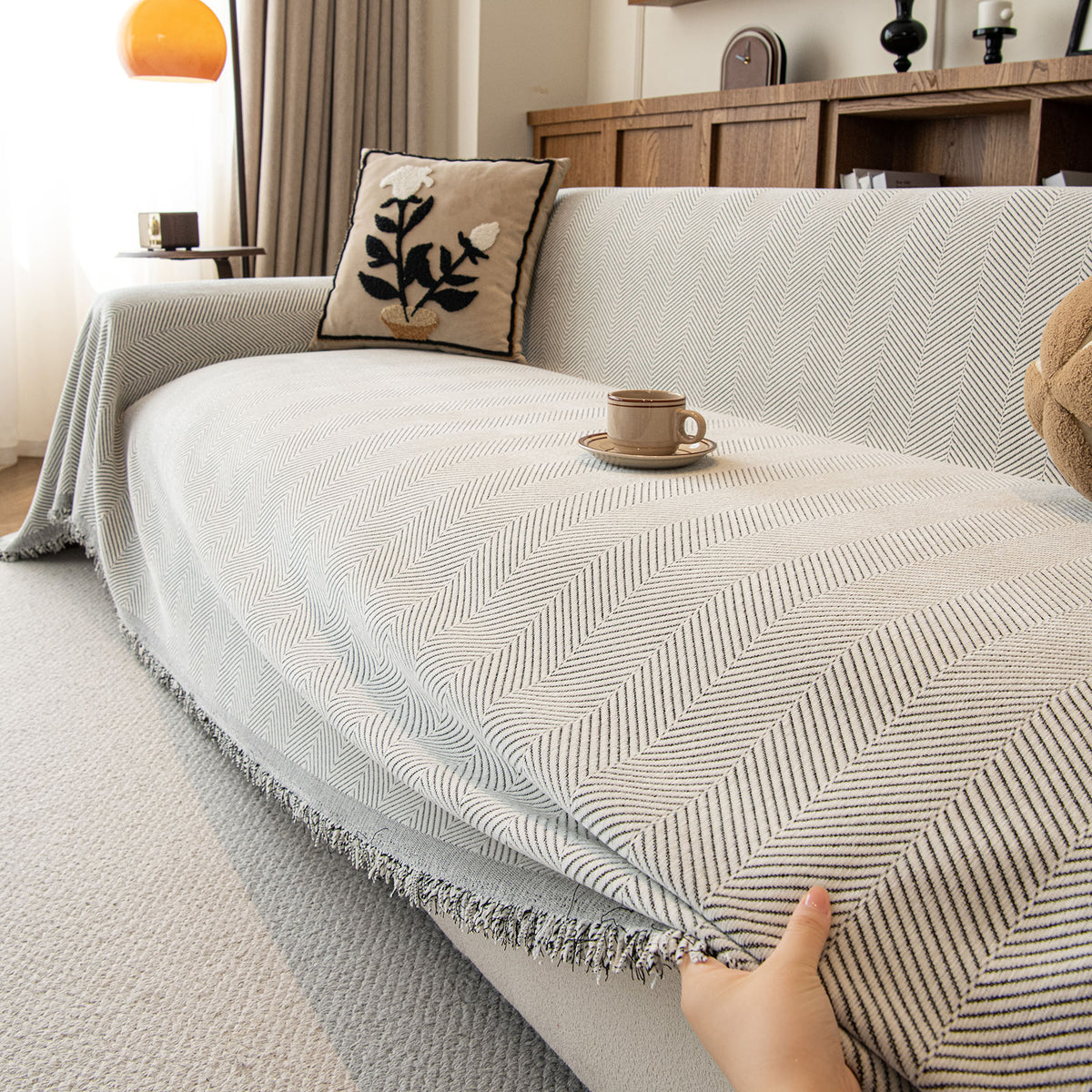 Oversized Classic Textured Herringbone Sofa Throw Cover, Raised Woven Couch Protector
